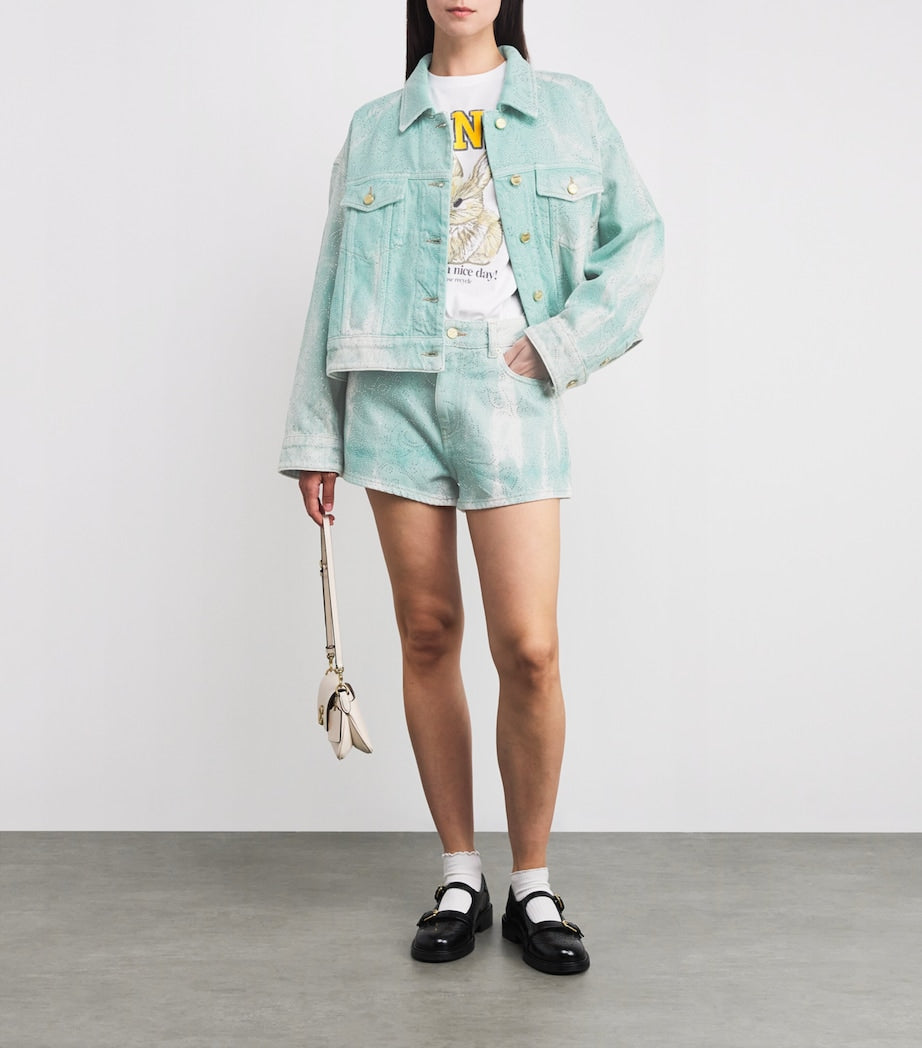 Green Embellished Washed Denim Shorts