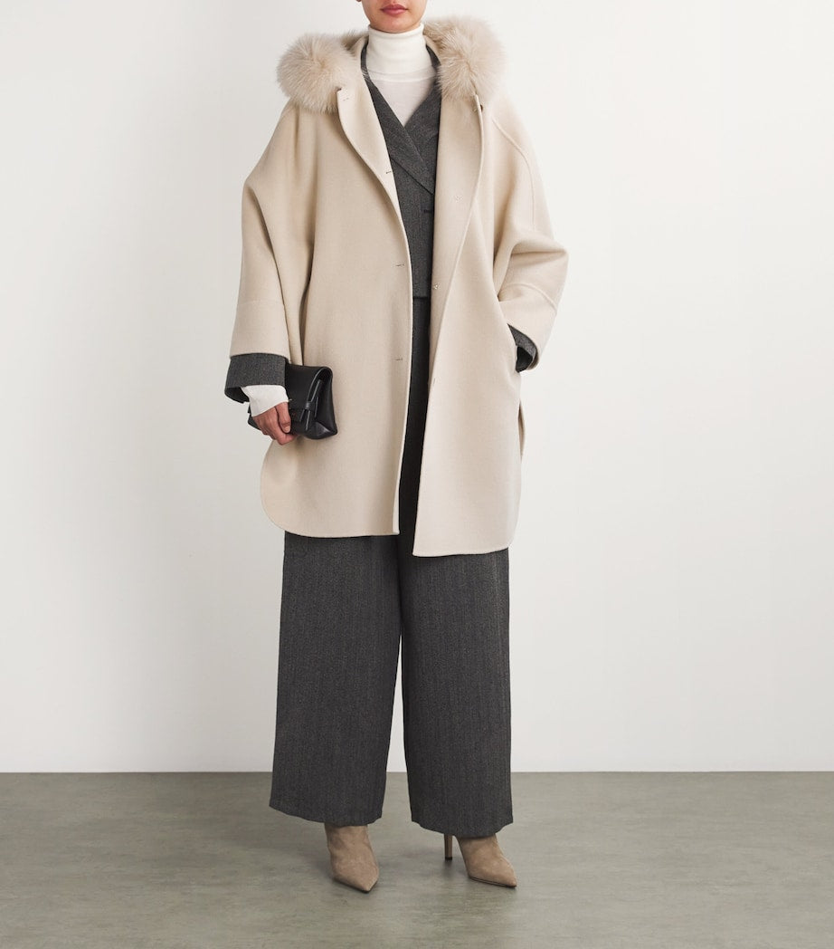 Yves Salomon Beige Wool-Cashmere Fur-Trim Cape Coat