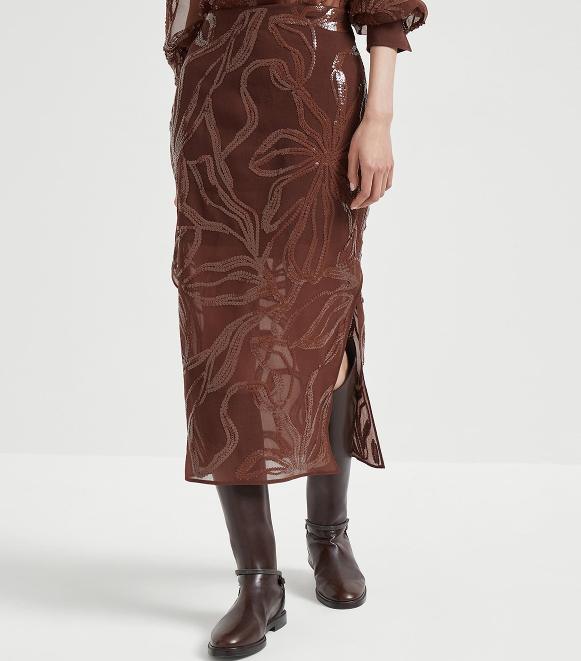 Brunello Cucinelli Red Silk Embellished Midi Skirt