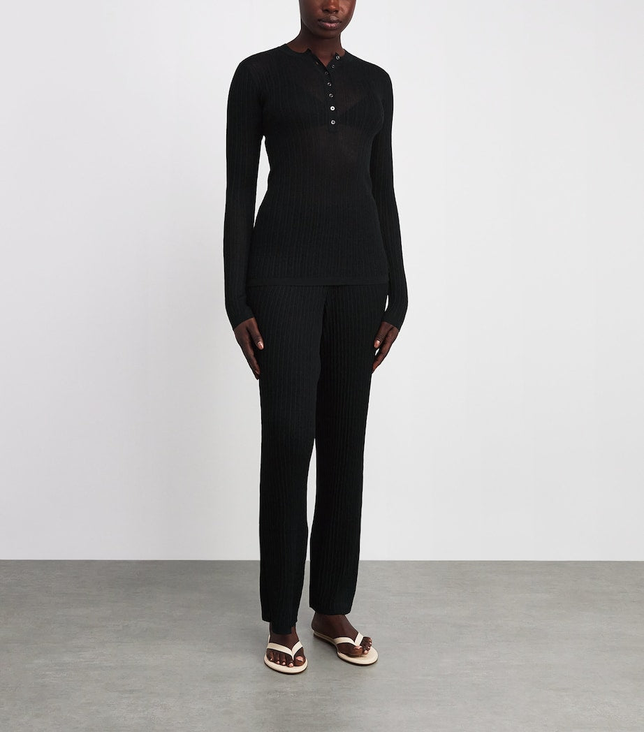 Skims Black Sheer Knit Henley Top