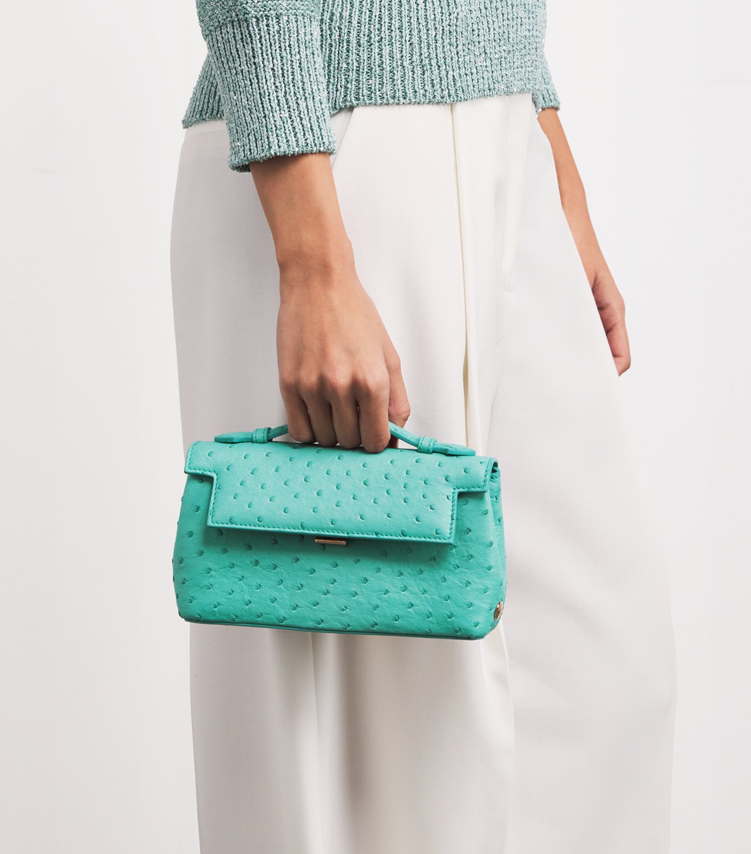 Analeena Blue Ostrich Leather Top-Handle Bag