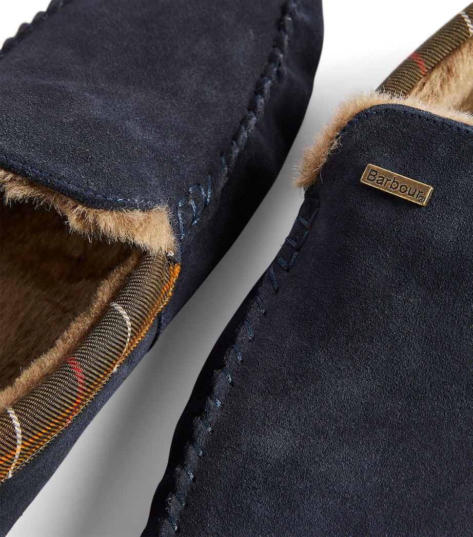 Suede Tartan-Trim Monty Slippers