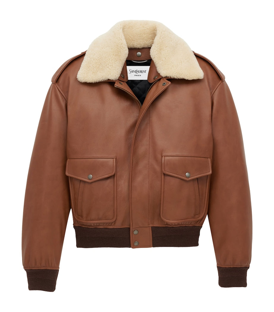 Saint Laurent Brown Shearling Collar Leather Jacket