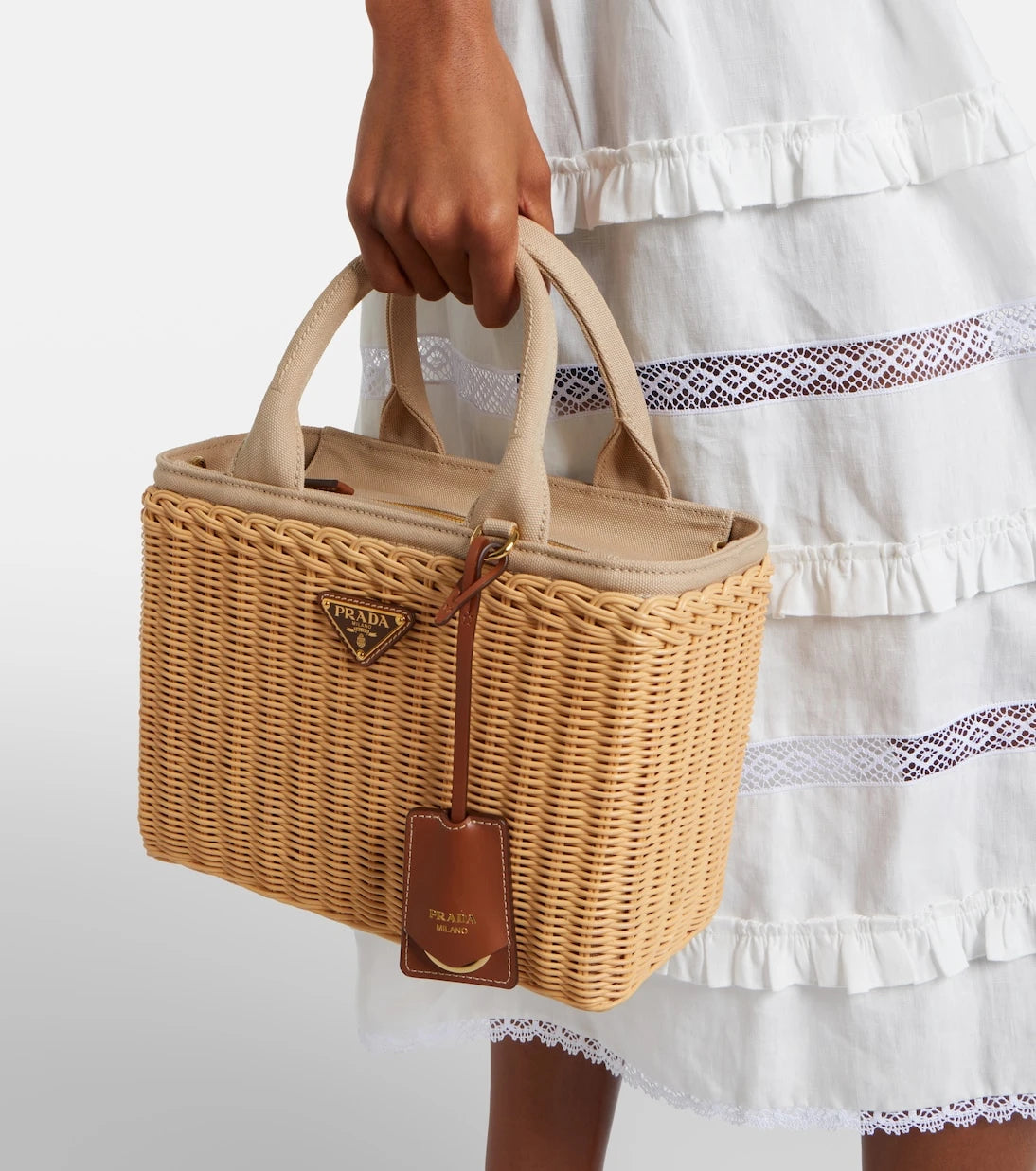 Prada - Medium wicker and canvas tote bag