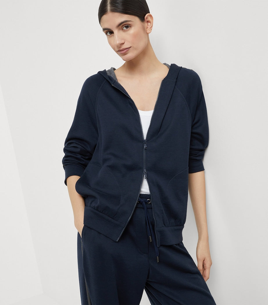 Brunello Cucinelli Blue Cotton-Blend Two-Way Zip Hoodie