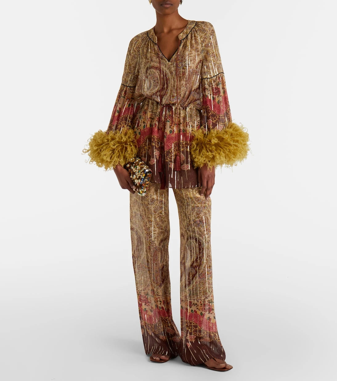 Valentino - Paisley feather-trimmed silk-blend blouse