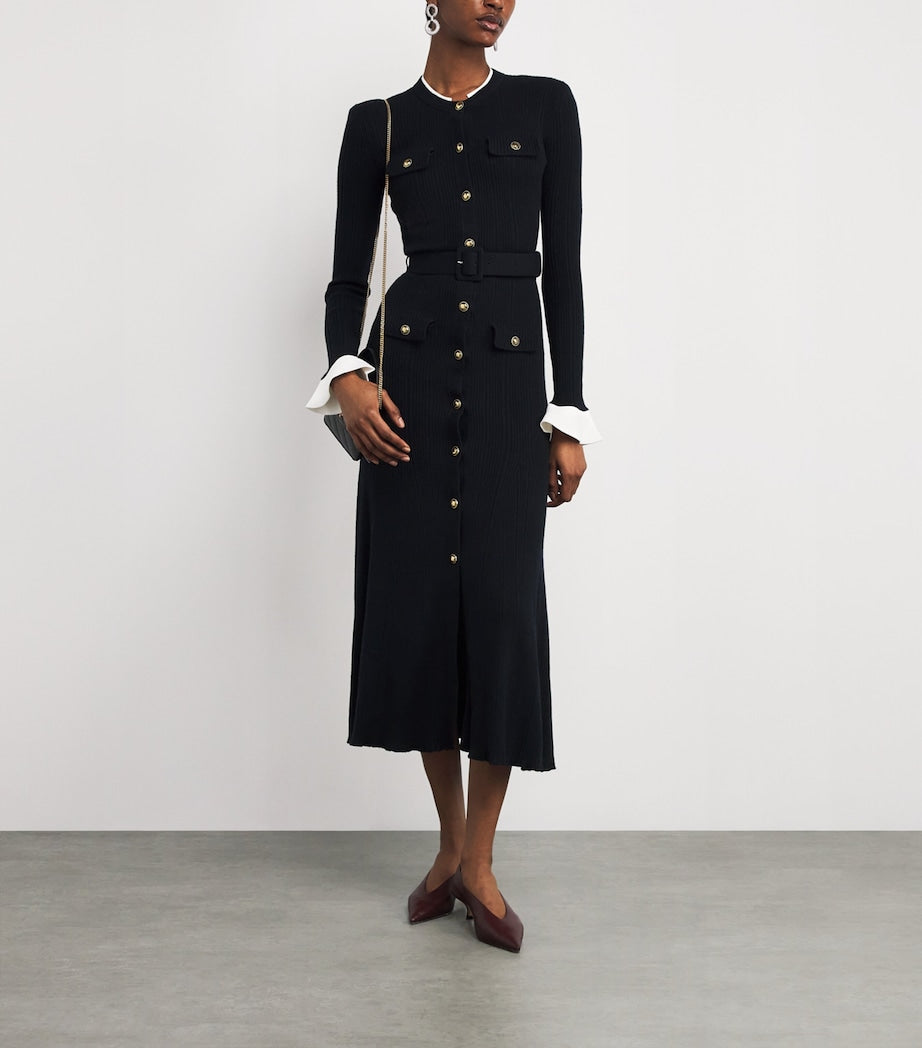 Self-Portrait Navy Rib-Knit Belted Midi Dress