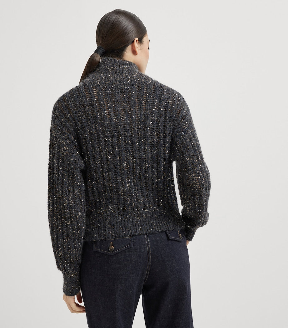 Sequin-Embellished High-Neck Cardigan