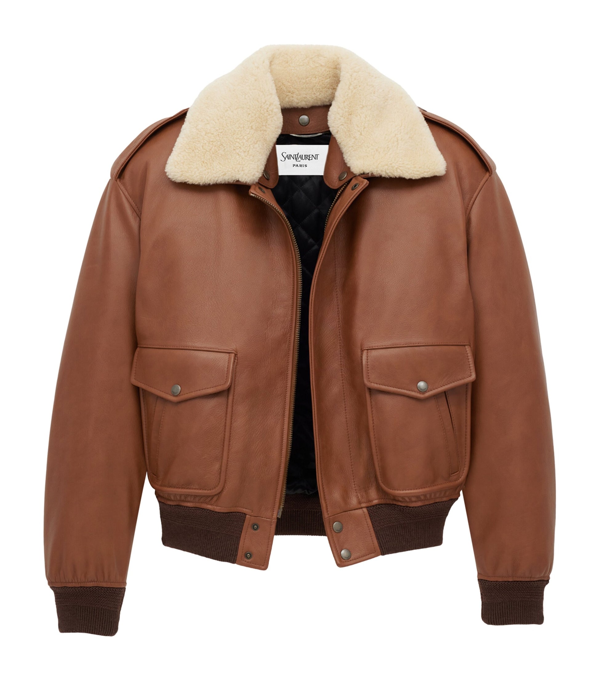Saint Laurent Brown Shearling Collar Leather Jacket