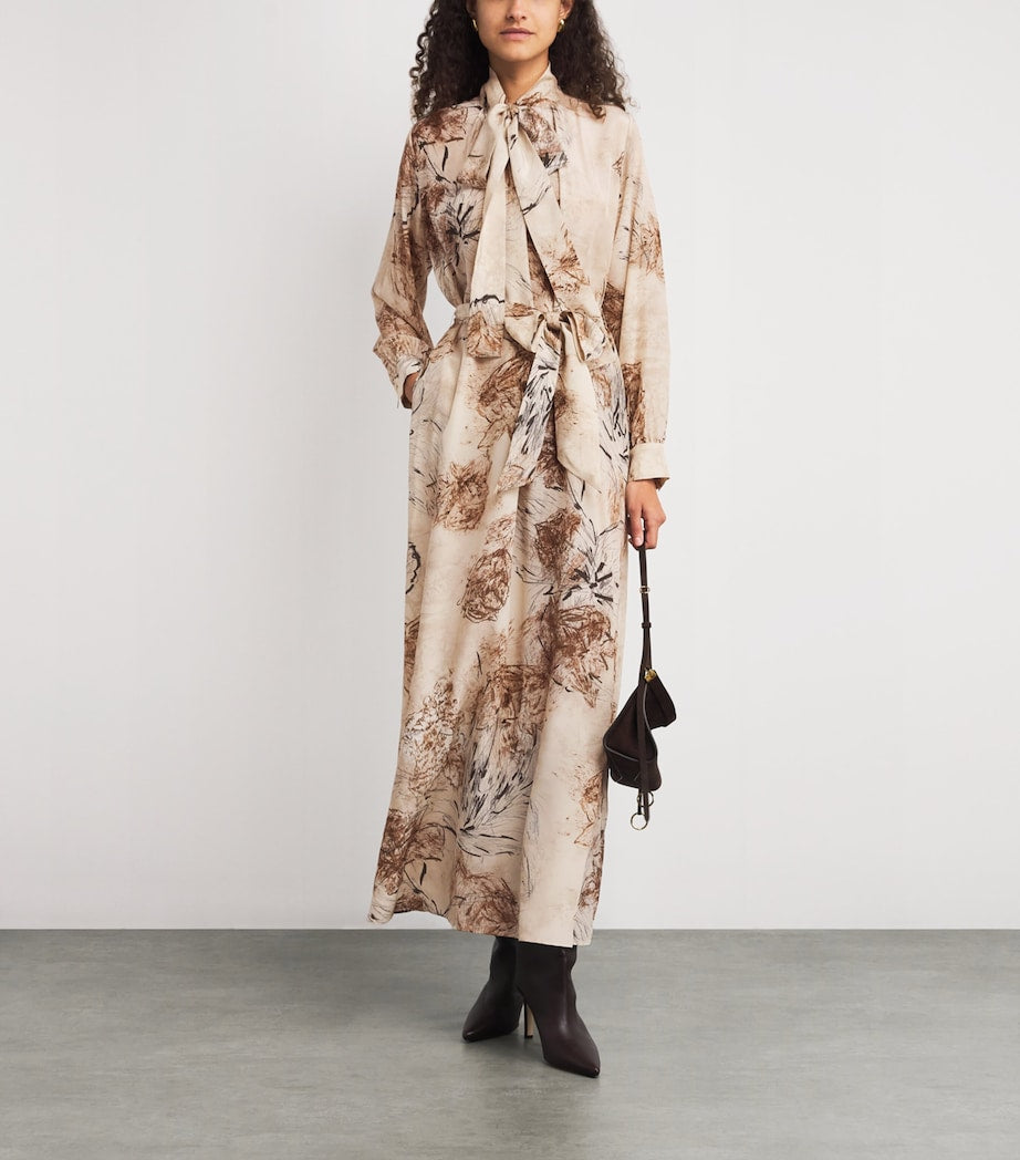 Eleventy Beige Silk Printed Pussybow Maxi Dress