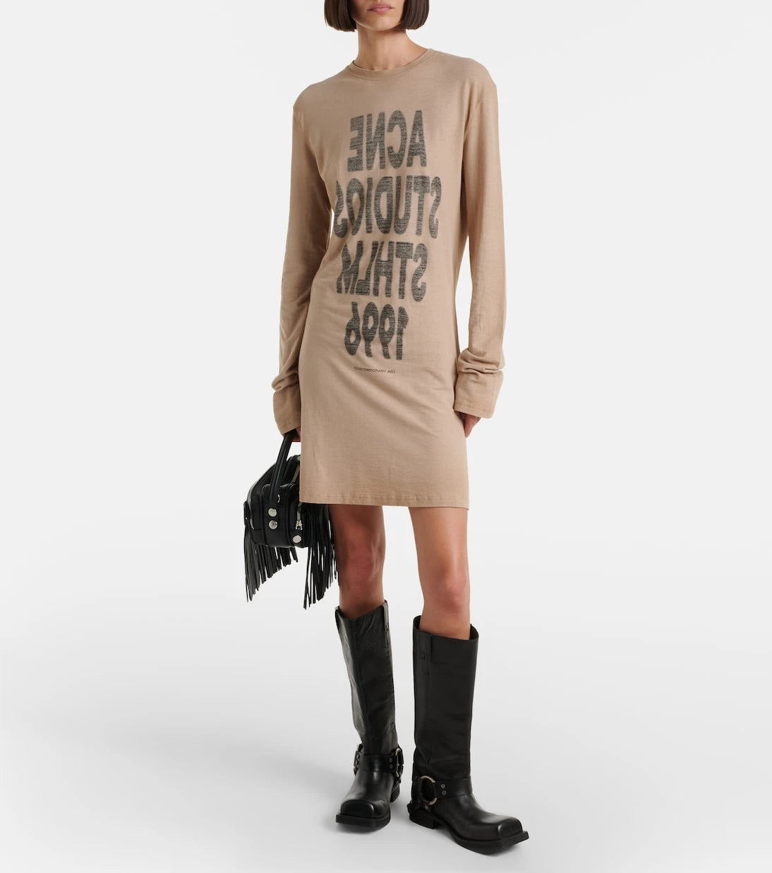 Acne Studios - فستان قصير من جيرسيه القطن بشعار العلامة