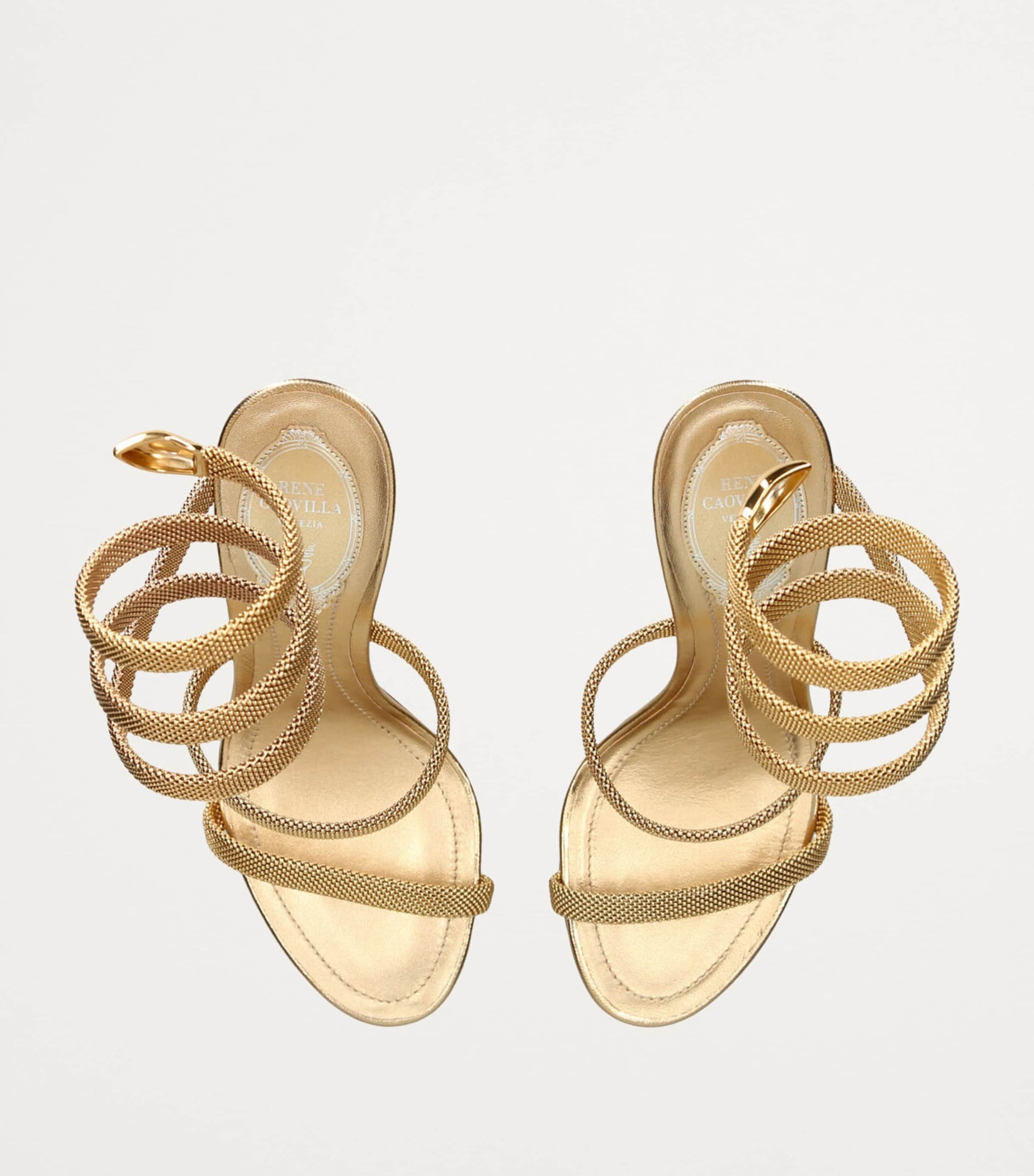 René Caovilla Gold Leather Serpent Heeled Sandals 105
