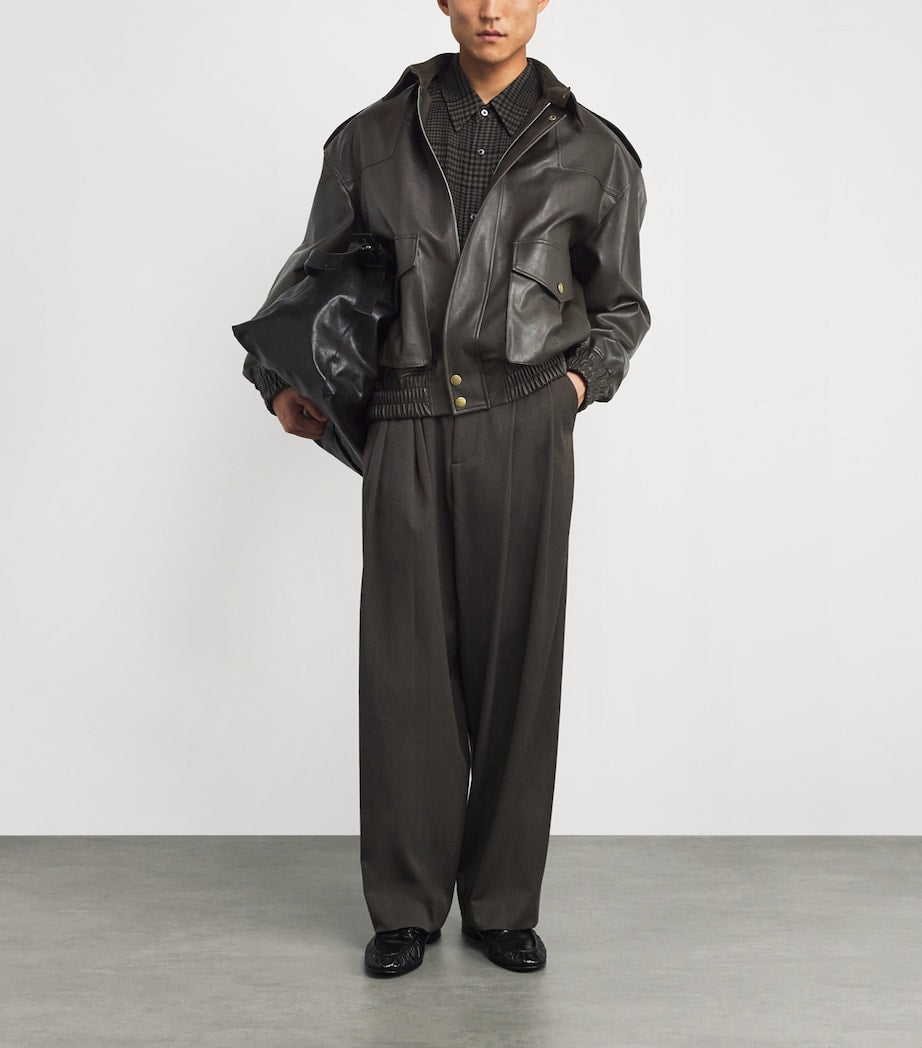 System Brown Faux Leather Bomber Jacket