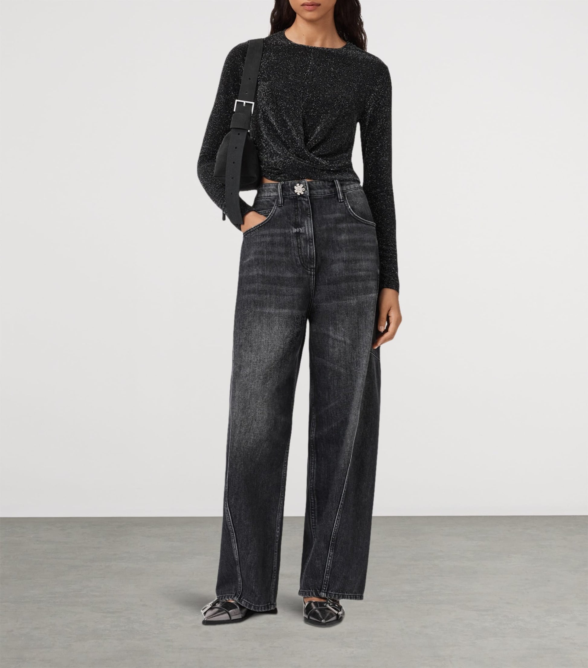 AllSaints Grey Metallic Skylar Crop Top