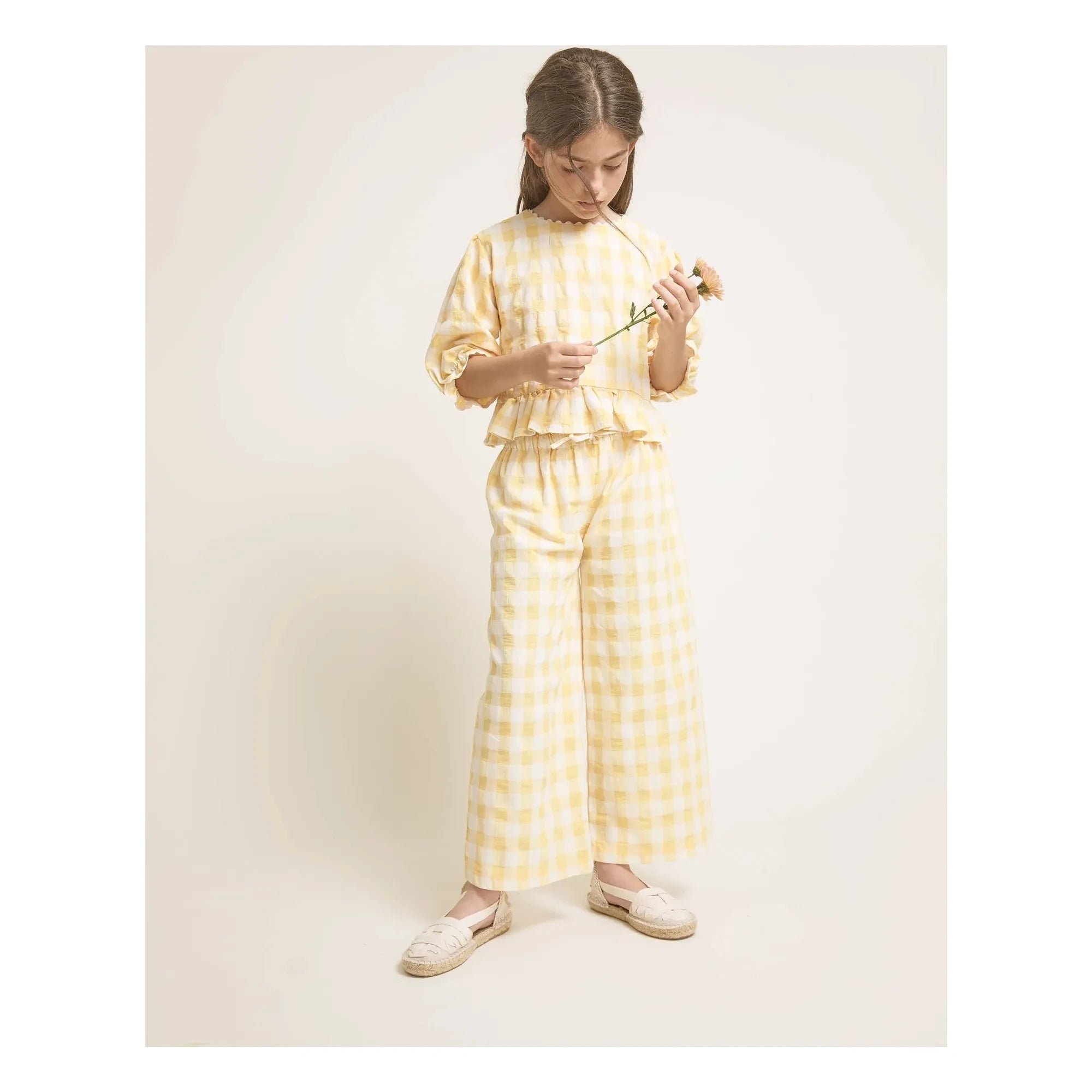 Búho - 3/4 Sleeve Gingham Seersucker Blouse | Yellow