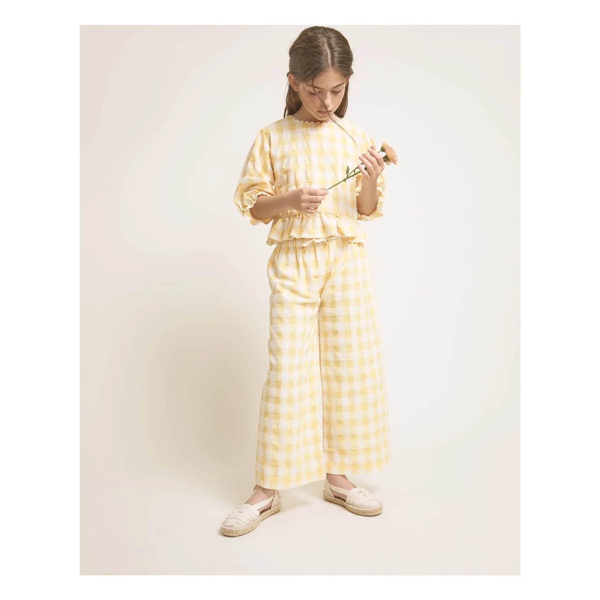 Búho - 3/4 Sleeve Gingham Seersucker Blouse | Yellow
