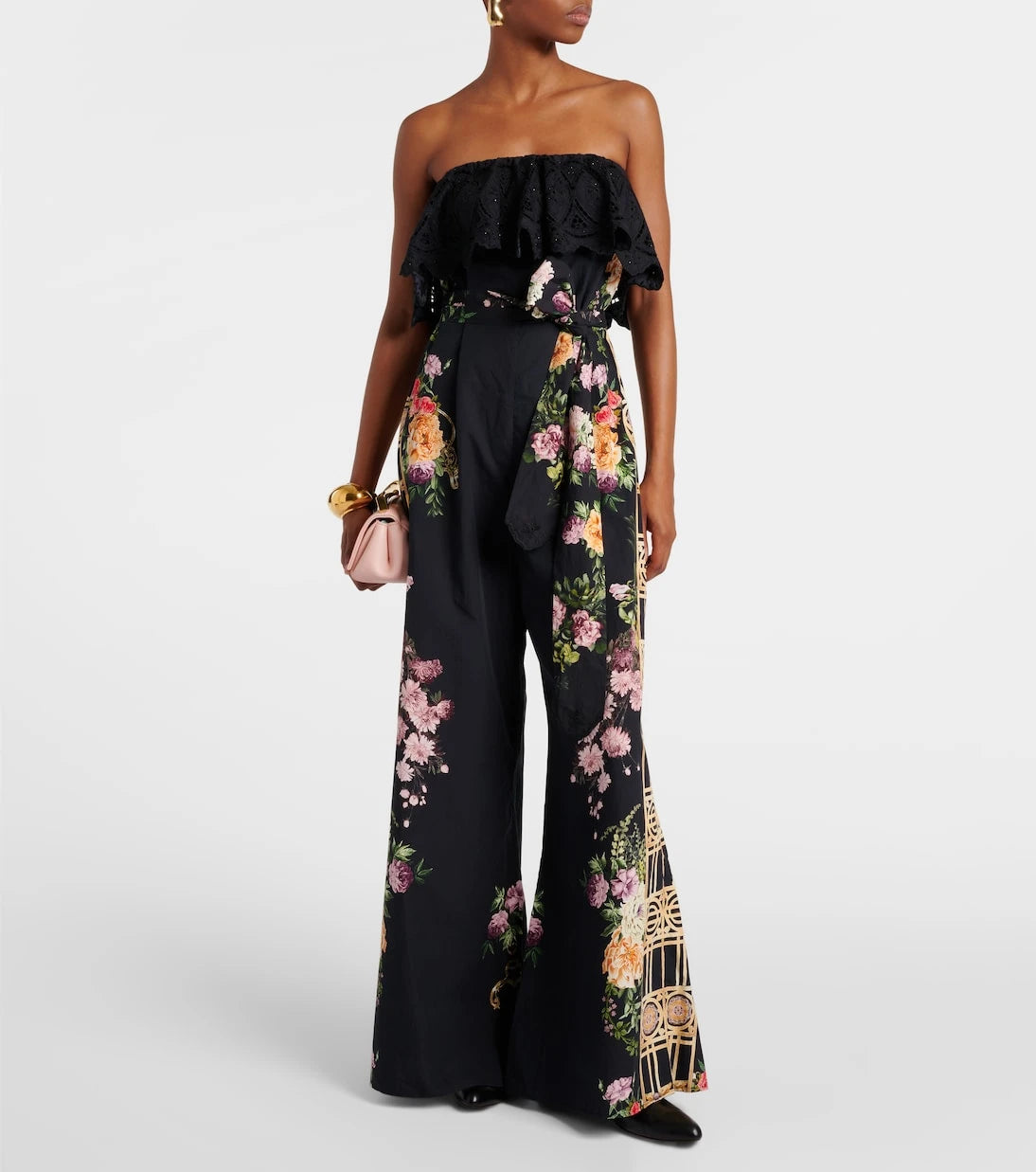 Camilla - Floral ruffled strapless cotton jumpsuit