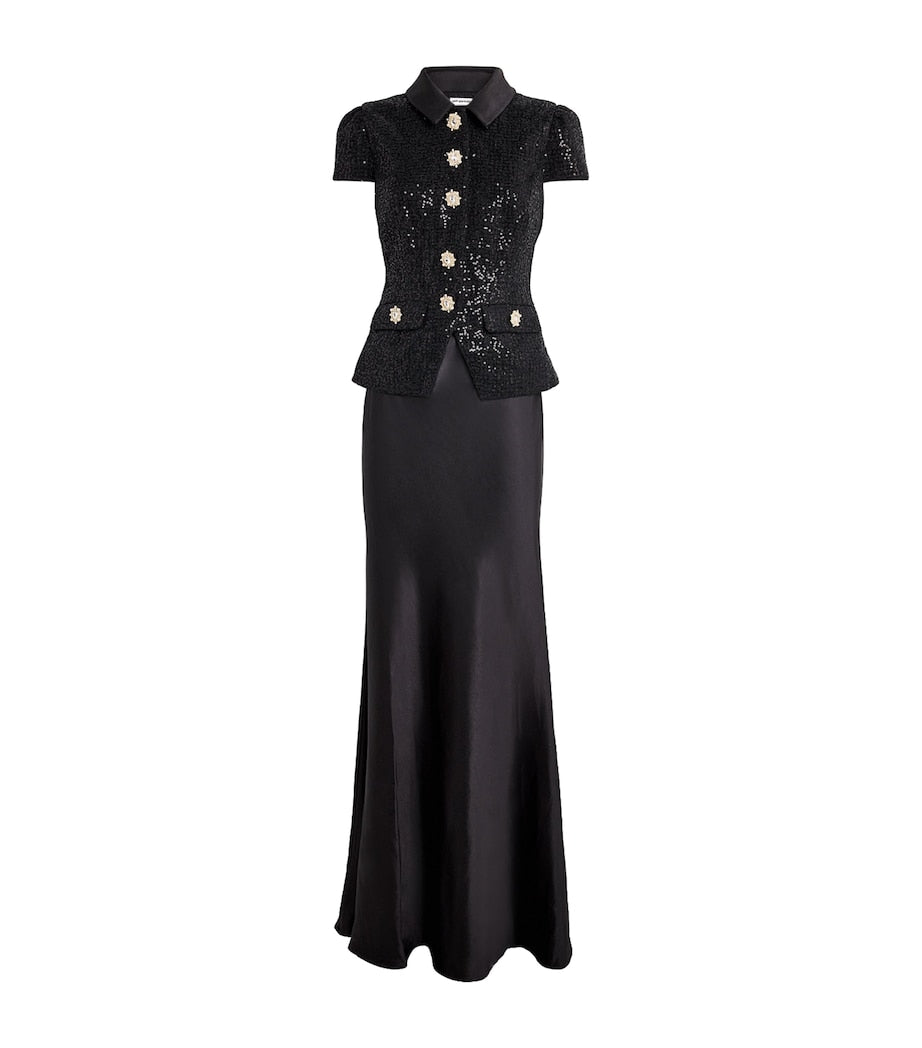 Self-Portrait Black Satin Sequin-Embellished Maxi Dress
