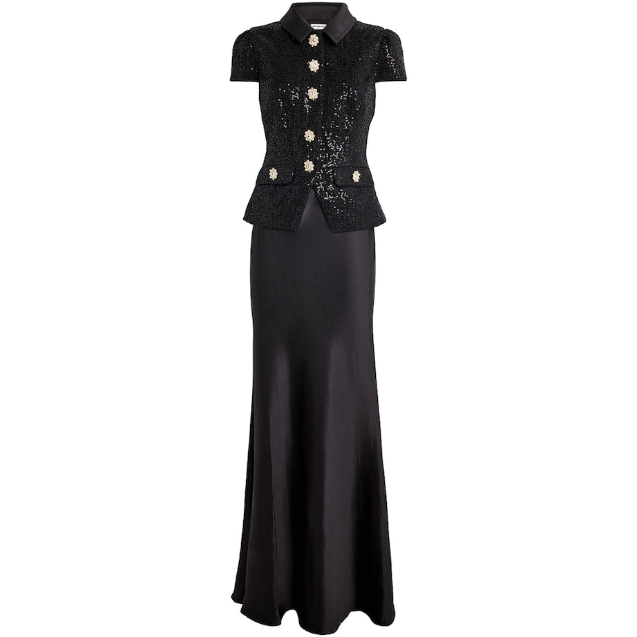 Self-Portrait Black Satin Sequin-Embellished Maxi Dress