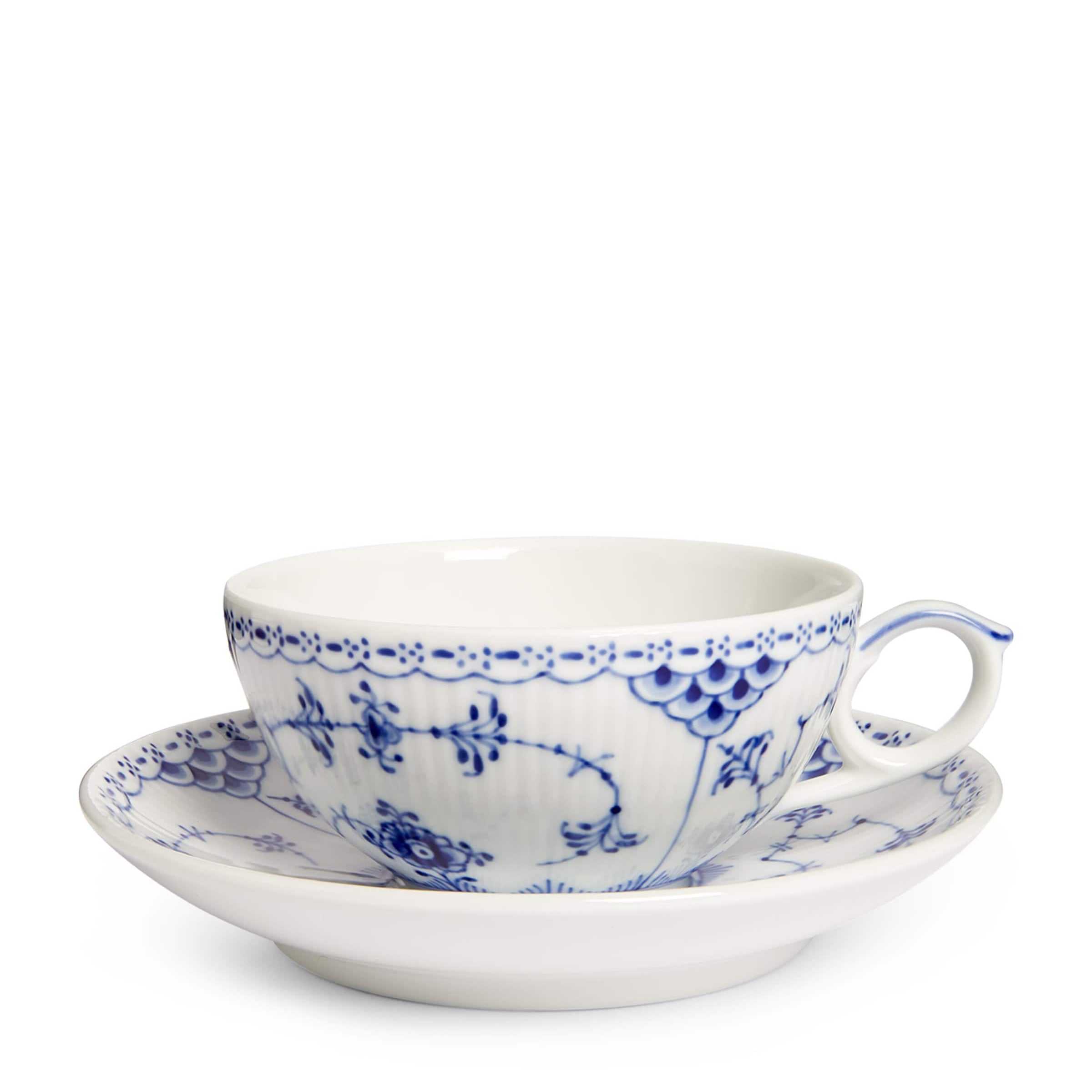 Royal Copenhagen Blue Fluted Half Lace Teacup and Saucer
