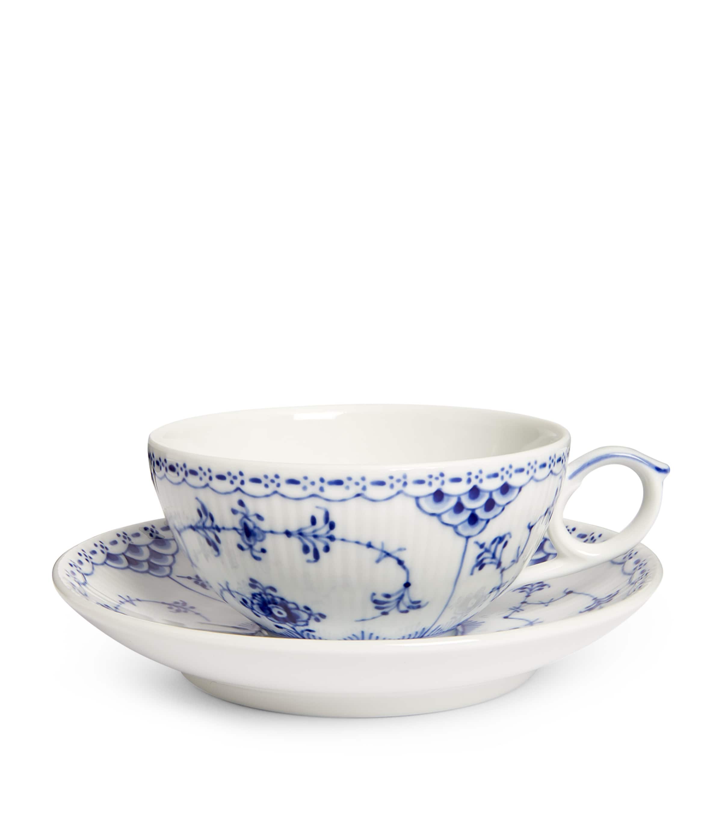 Royal Copenhagen Blue Fluted Half Lace Teacup and Saucer