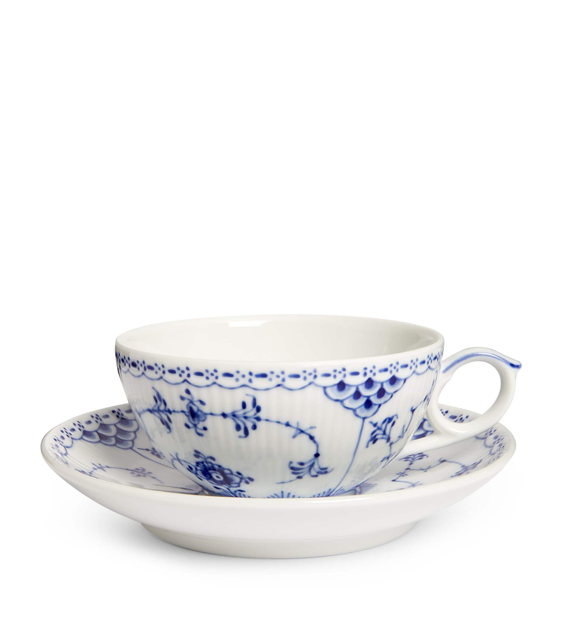 Royal Copenhagen Blue Fluted Half Lace Teacup and Saucer