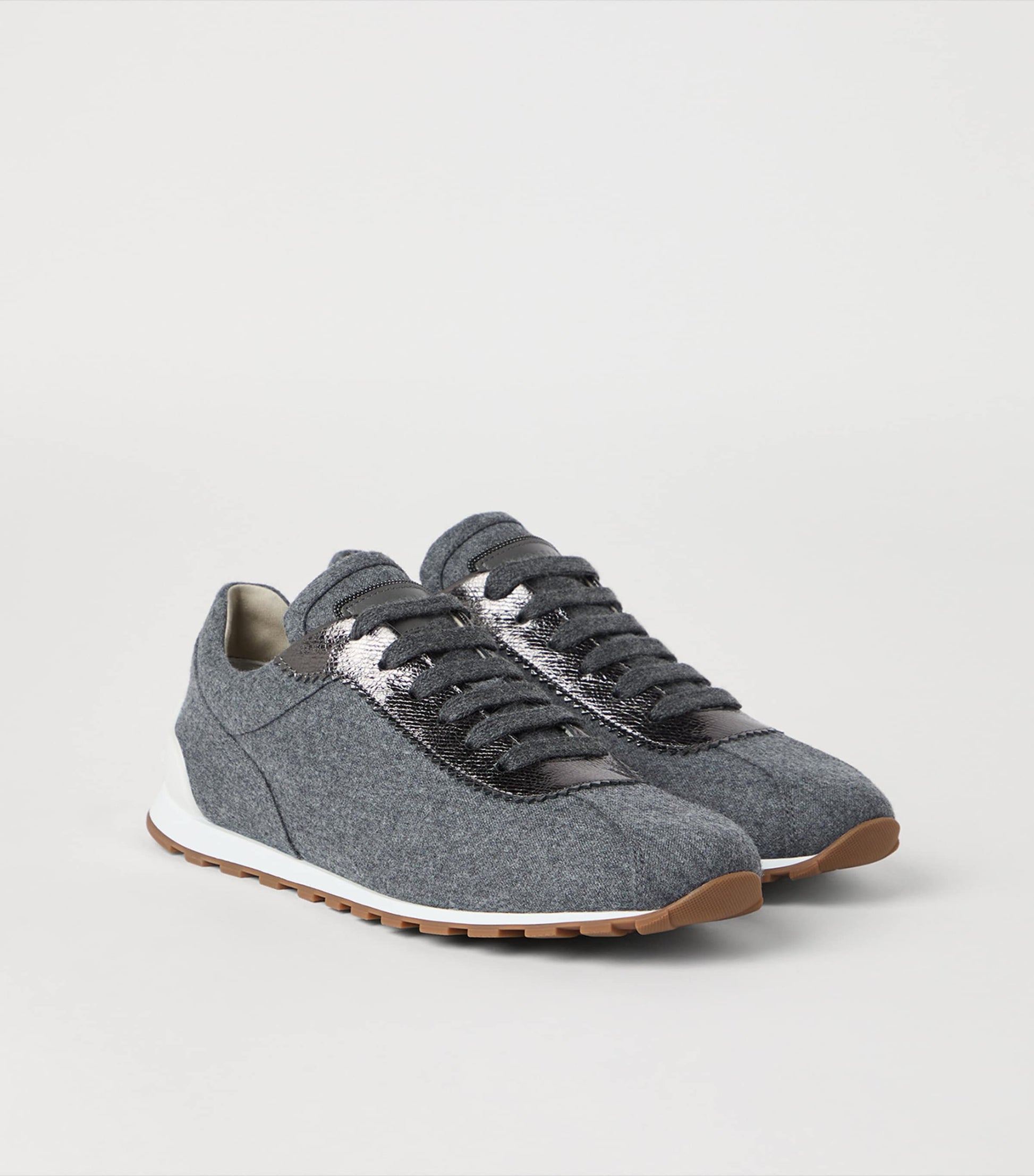 Grey Wool Leather-Trim Sneakers