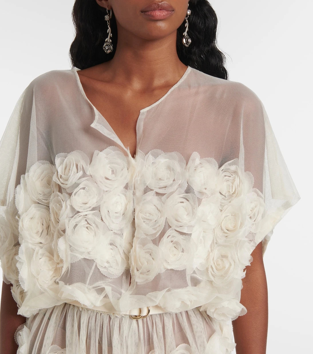 Norma Kamali - Floral-appliqué belted sheer gown