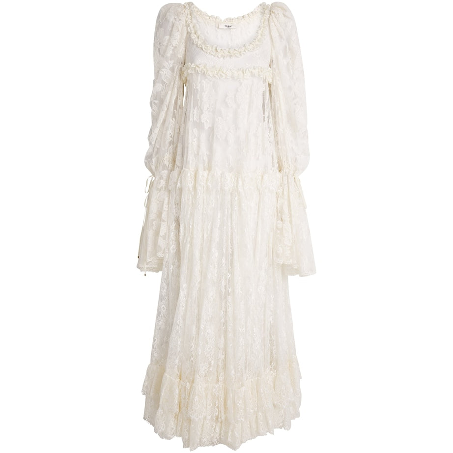 White Lace Long-Sleeve Maxi Dress