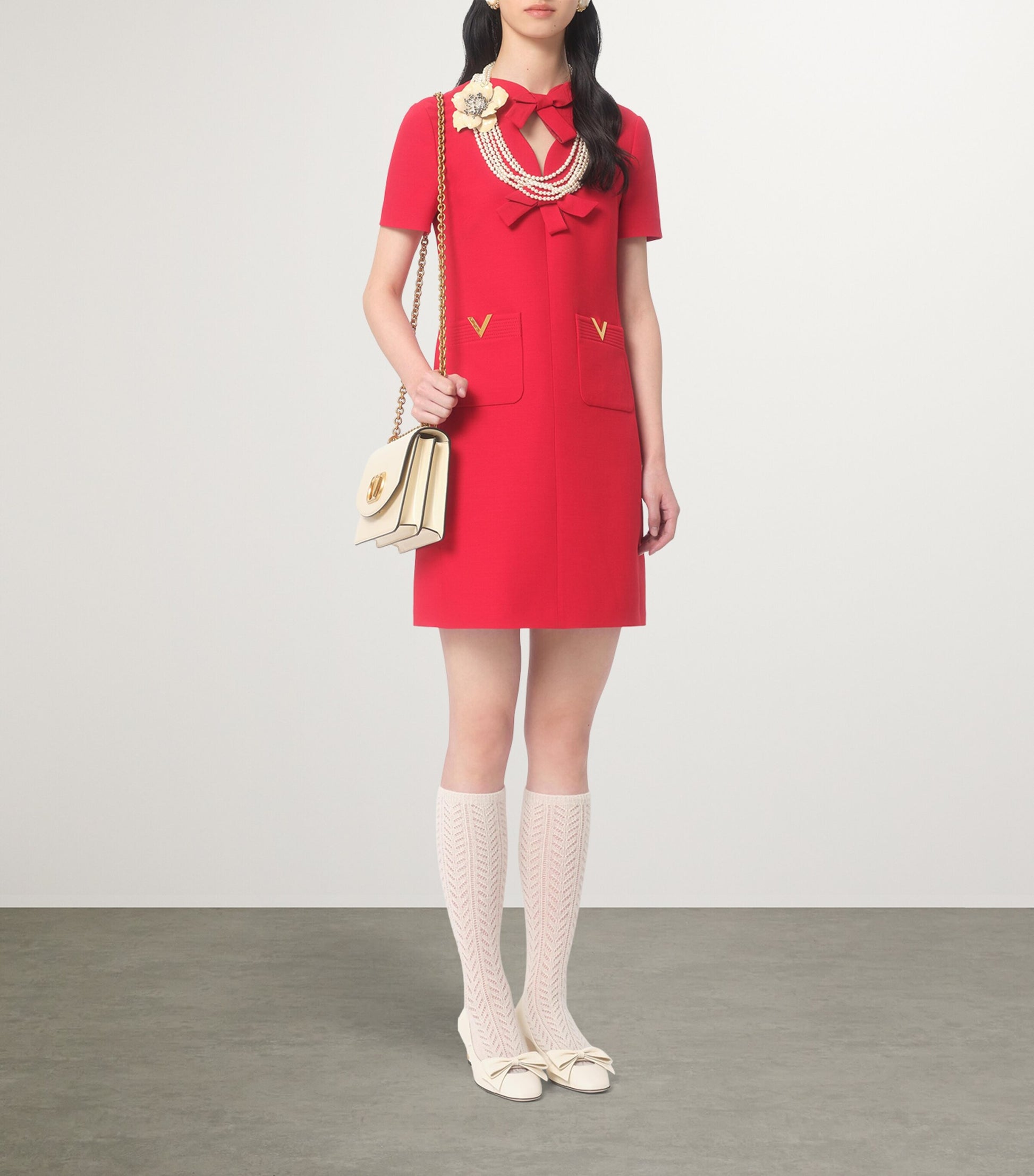 Valentino Red Virgin Wool-Silk Bow Mini Dress