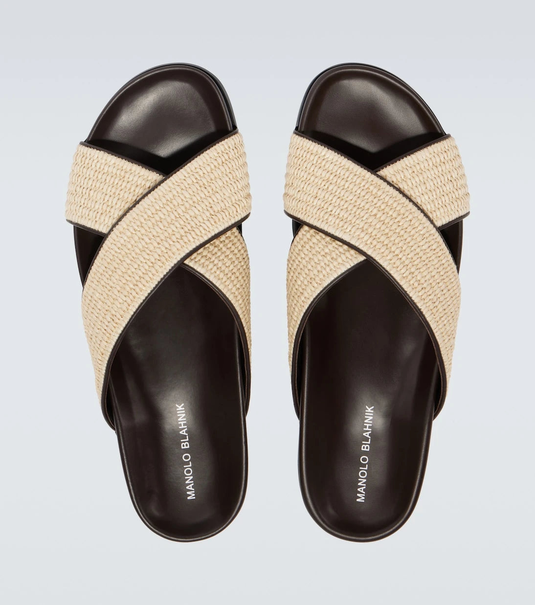 Manolo Blahnik - Chiltern leather-trimmed raffia slides