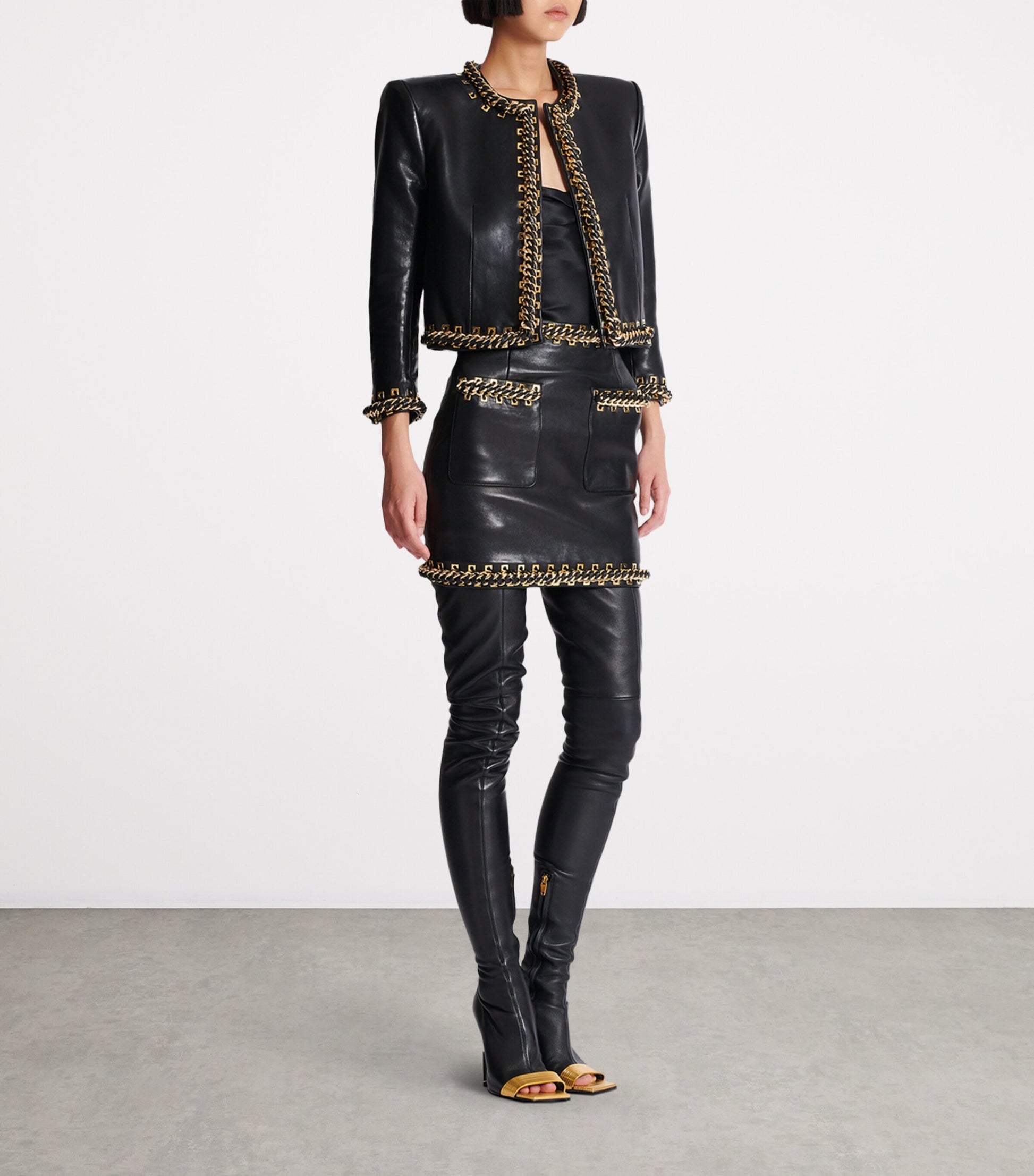 Balmain Black Leather Chain-Detail Jacket