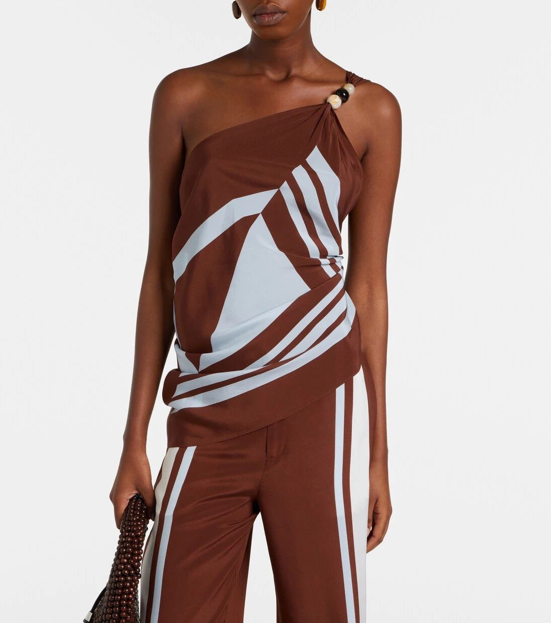 SIR - Beaded one-shoulder printed silk top