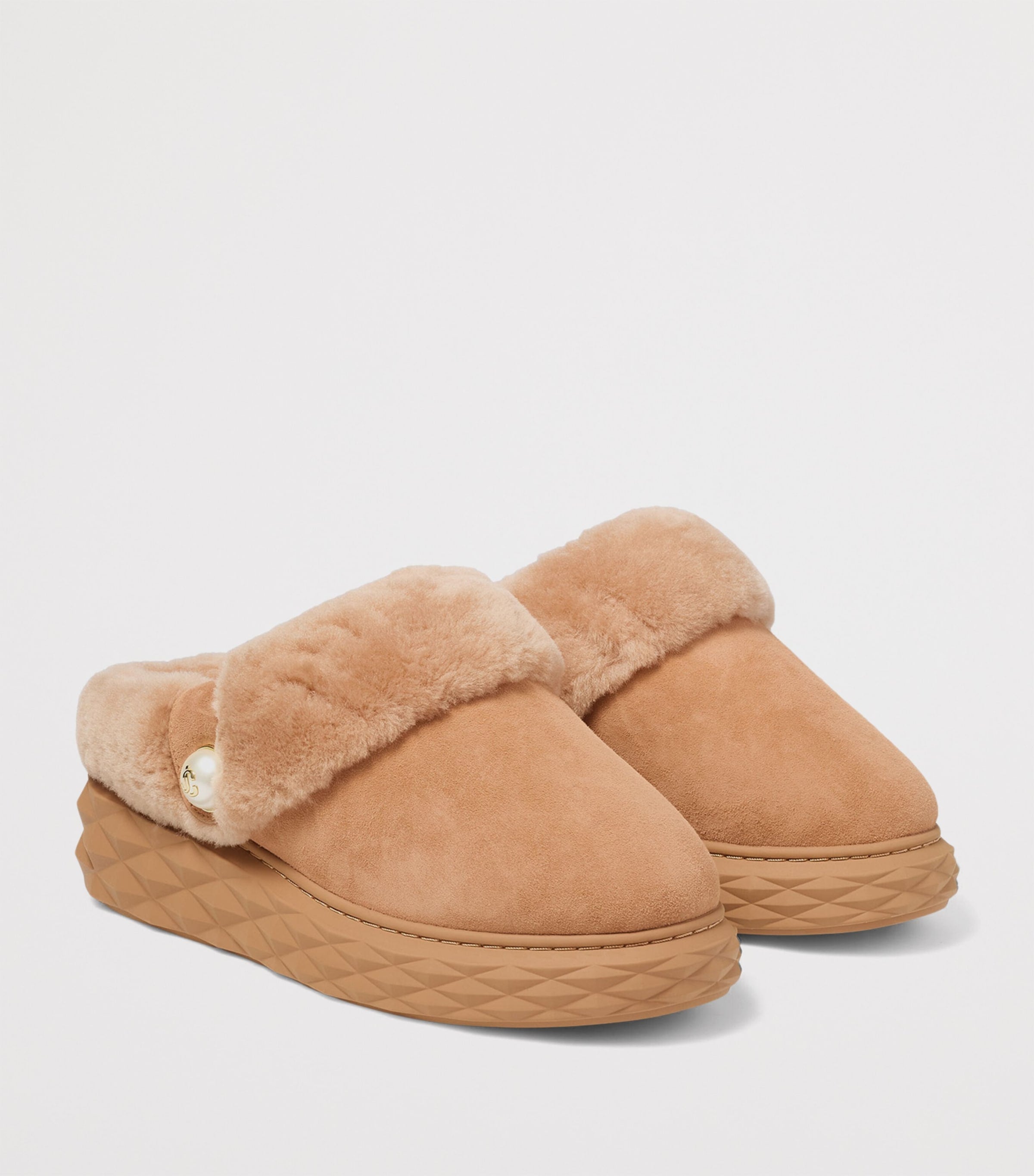 Beige Diamond Maxi Suede-Shearling Mules