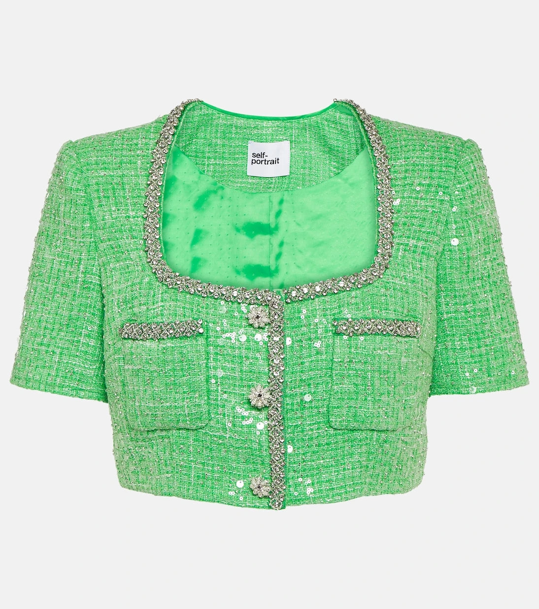 Self-Portrait - Sequined embellished bouclé crop top