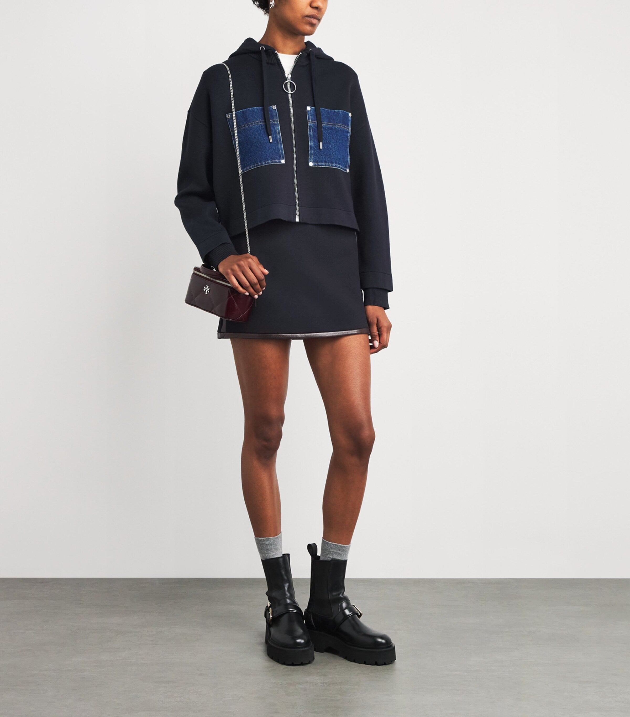 Leather-Detail Mini Skirt NAVY BLUE