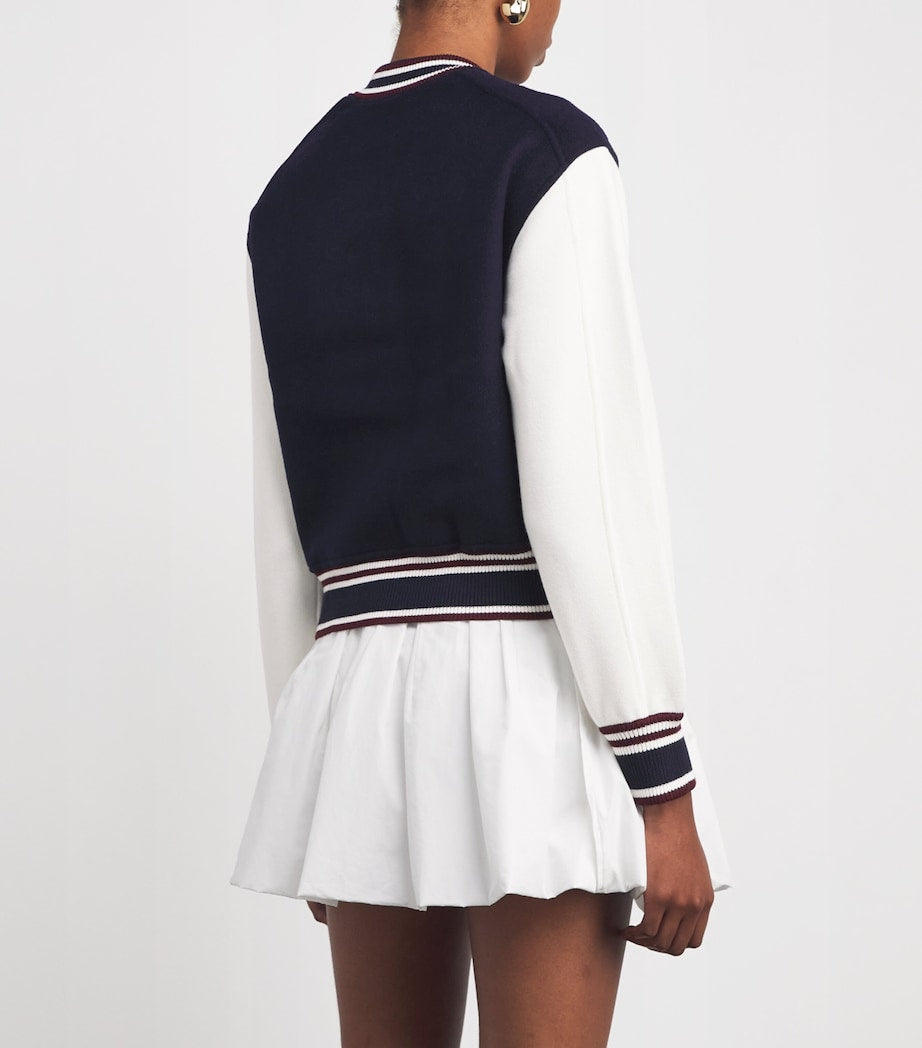 Blue Wool Stripe-Trim Bomber Jacket