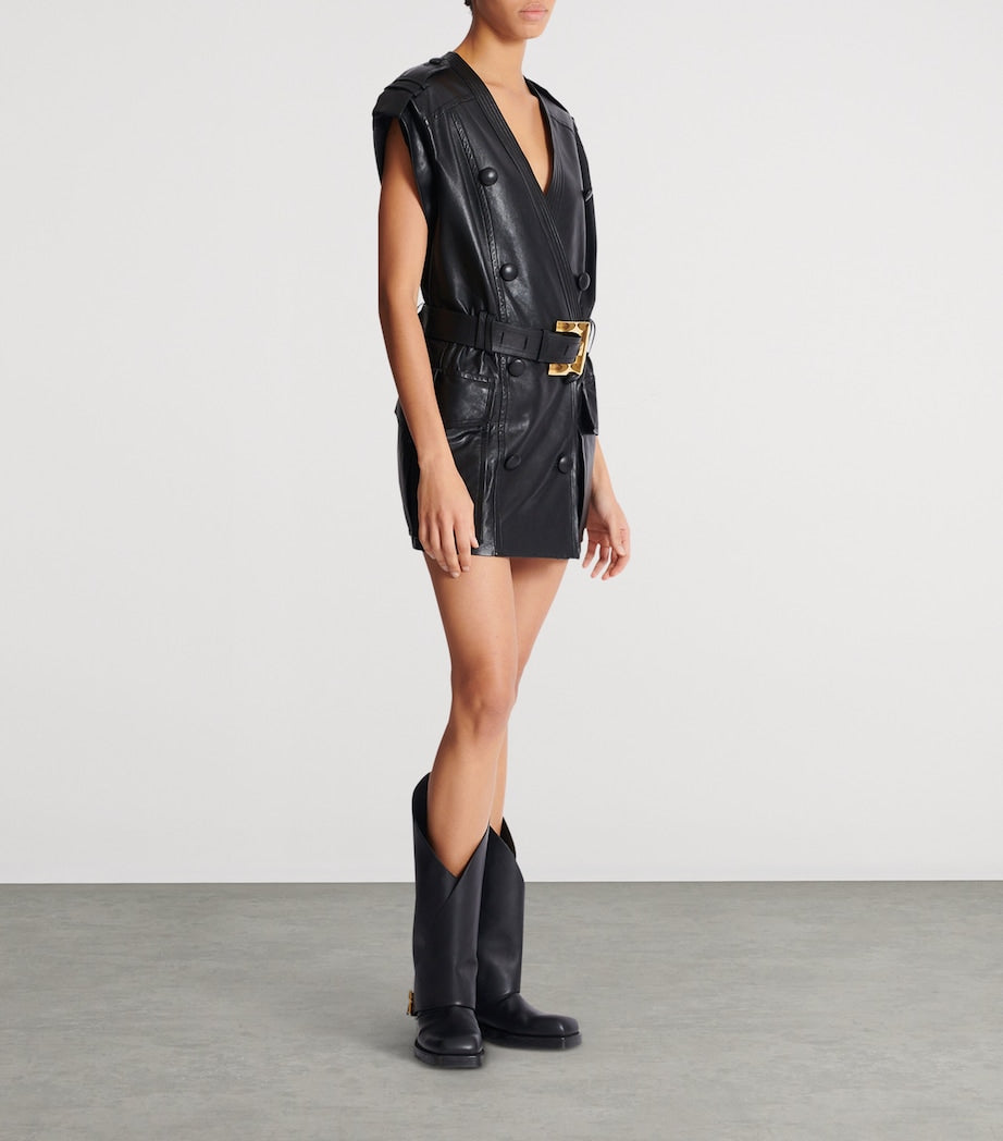 Balmain Black Leather Belted Mini Dress
