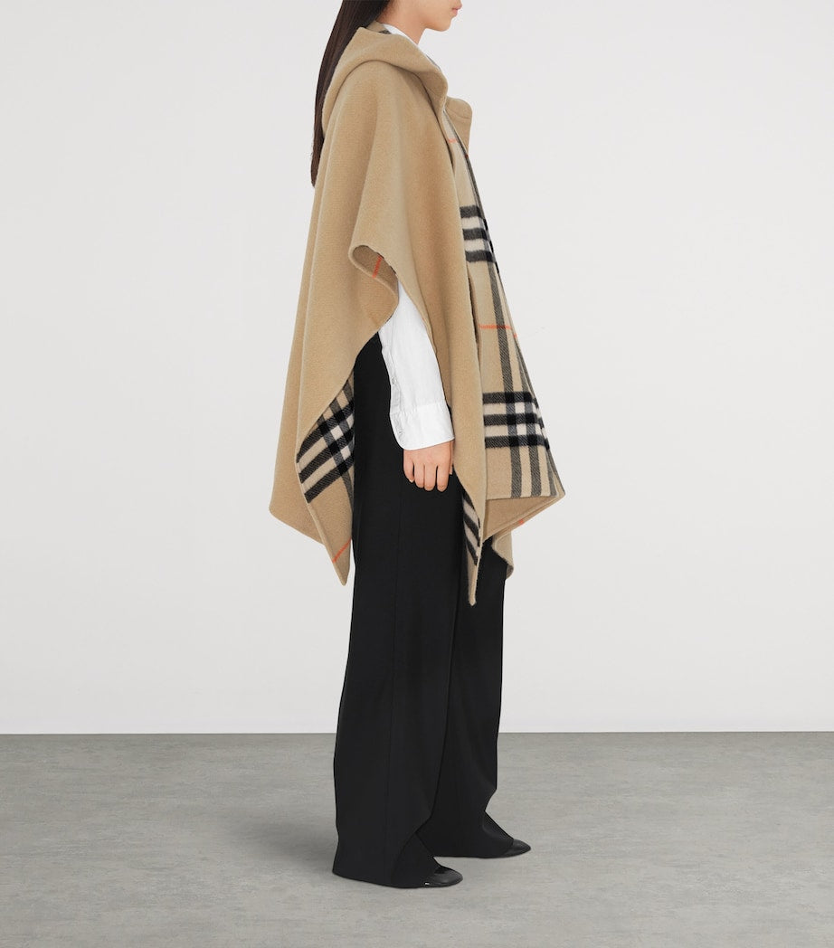 Beige Cashmere Reversible Check Hooded Cape