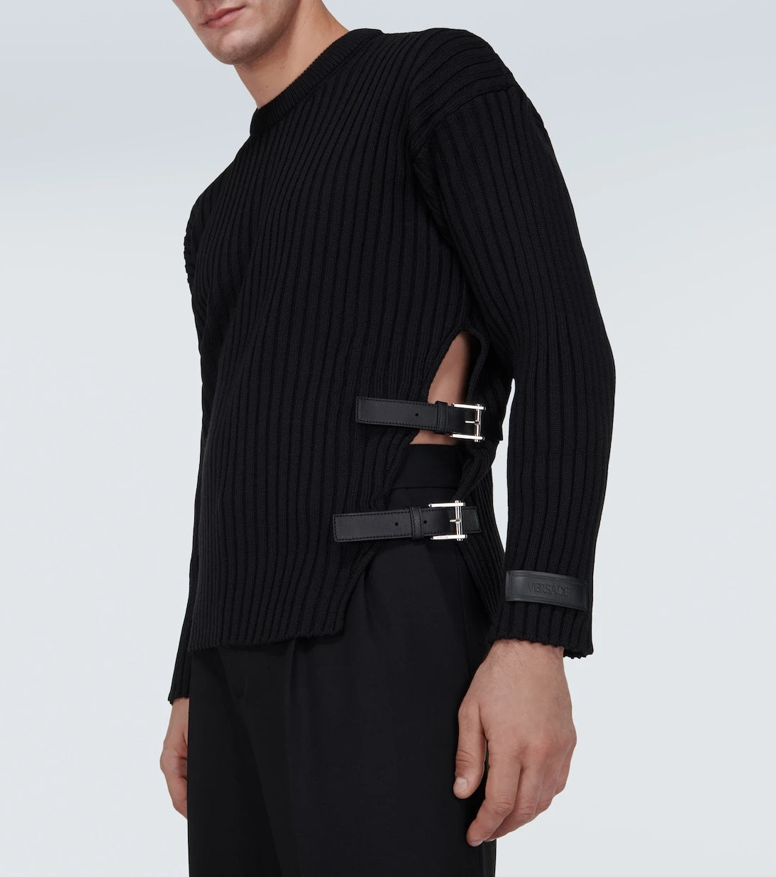 Versace - Leather-trimmed knit wool sweater