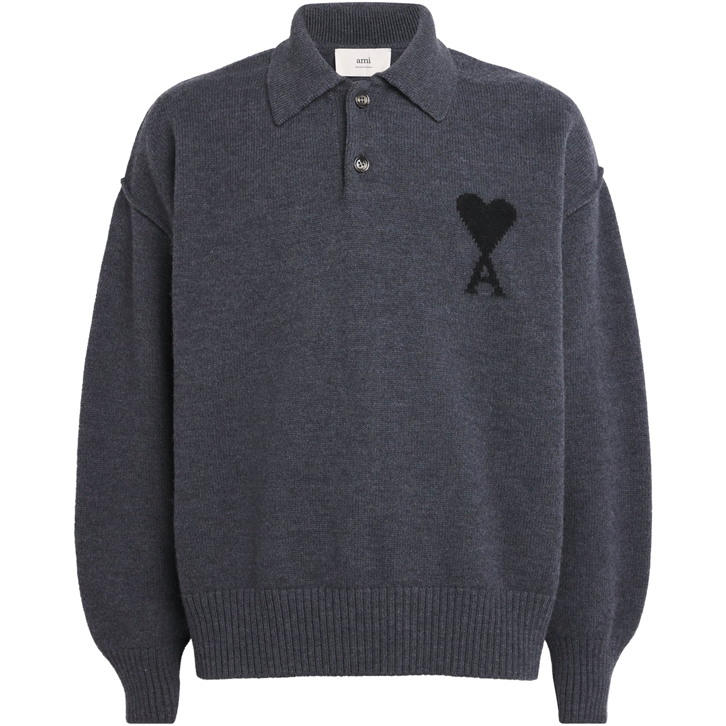 AMI Paris Black Wool Ami de Coeur Polo Sweater