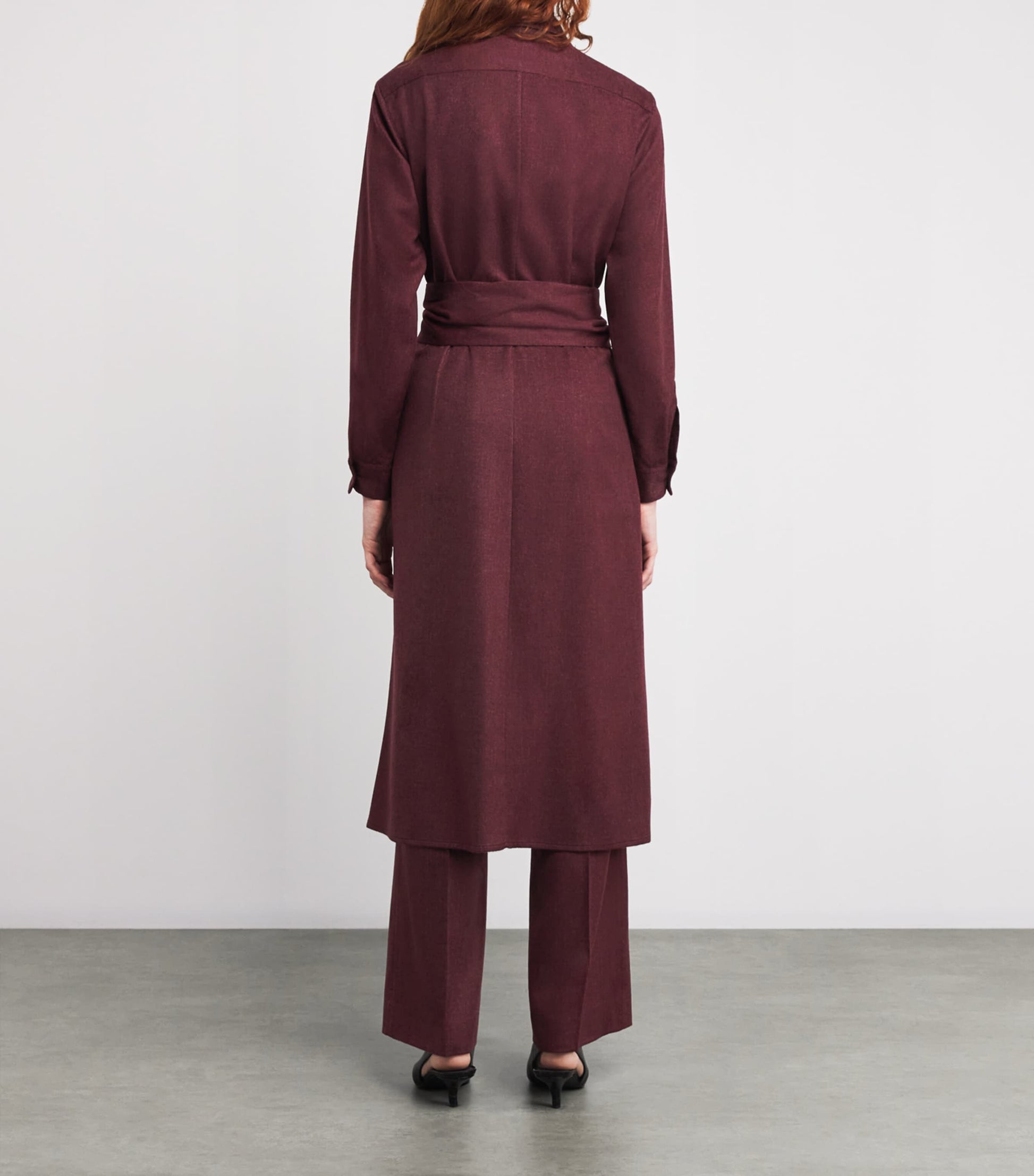 Burgundy Cashmere Belted Midi Shirt Dress