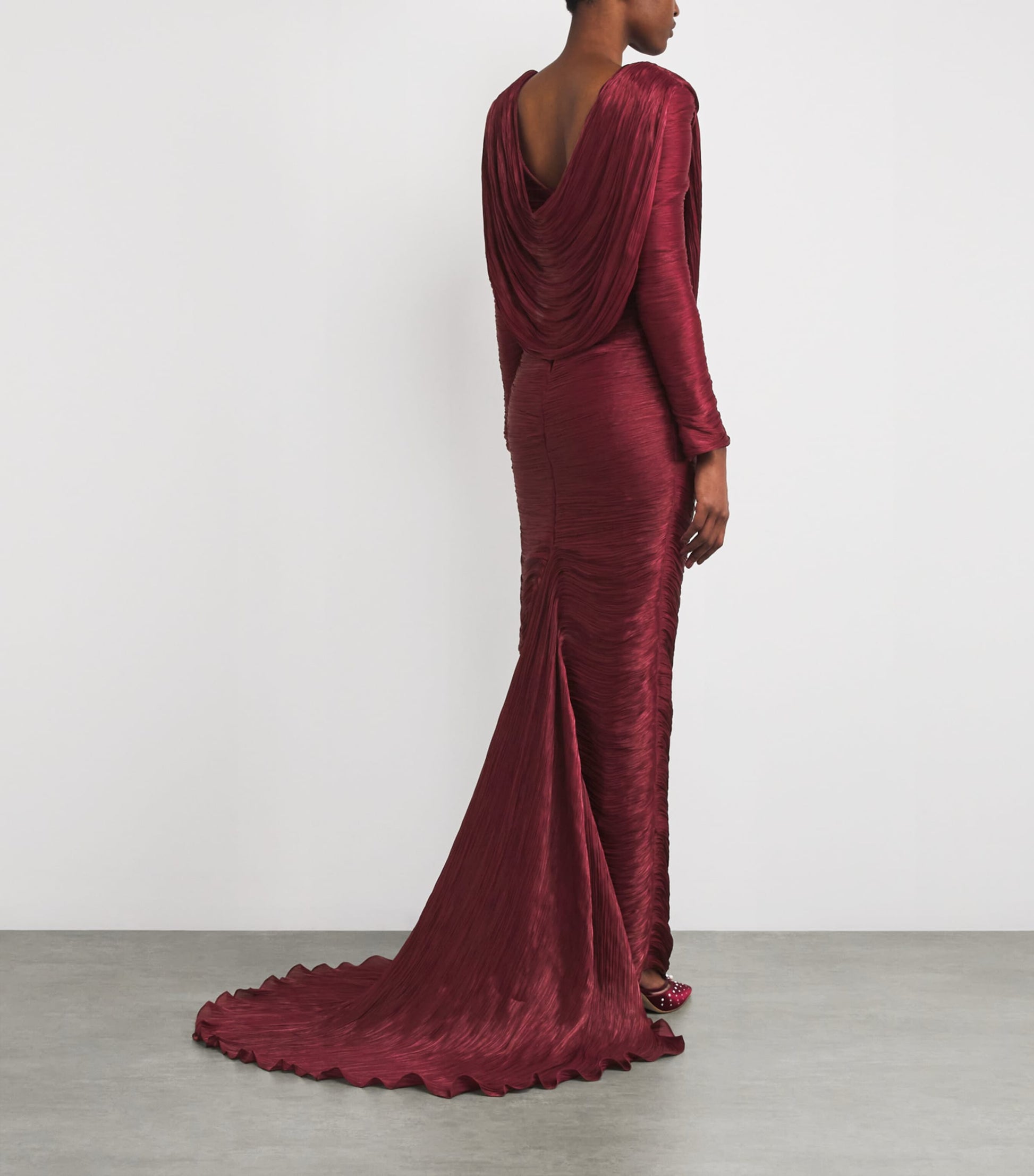 Marmar Halim Burgundy Ruched V-Neck Gown
