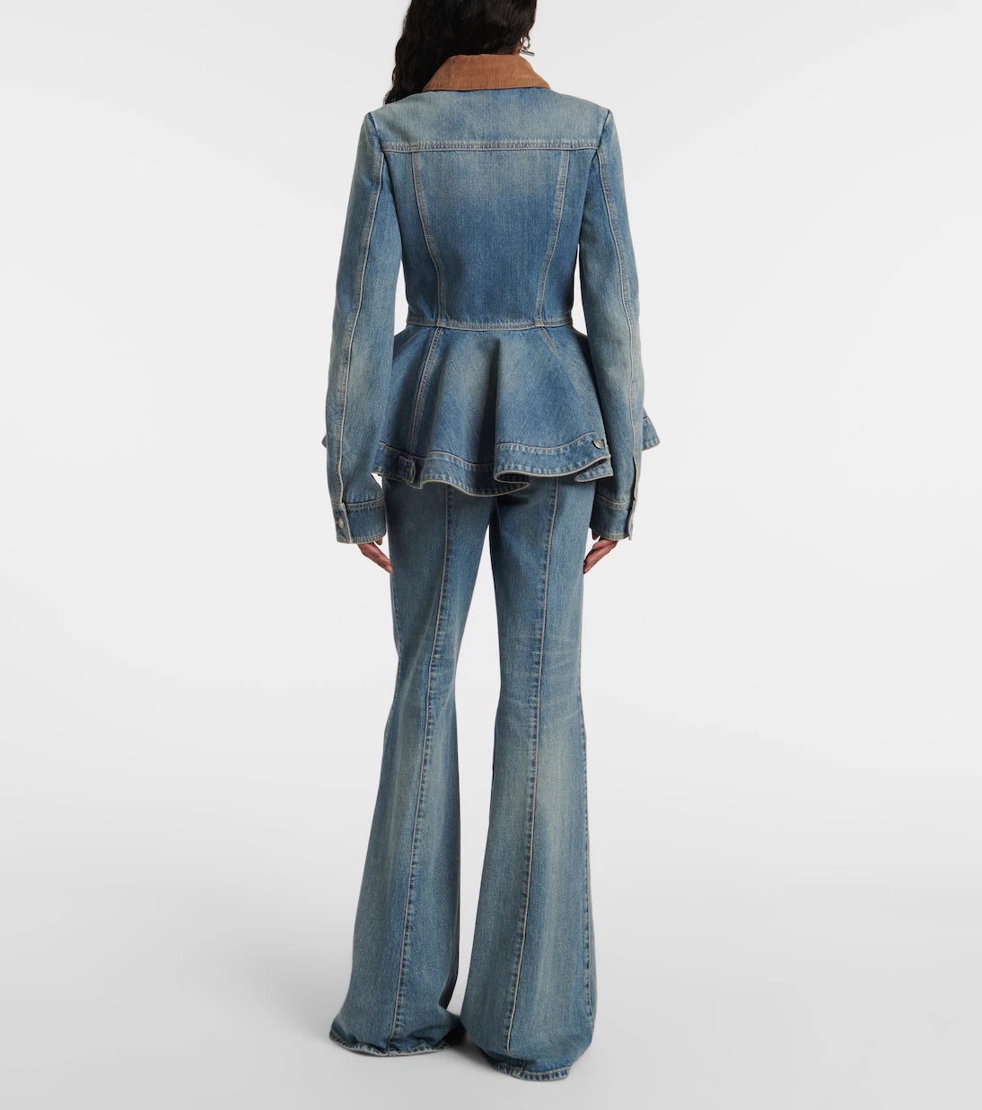 McQueen - Peplum corduroy-trimmed denim jacket