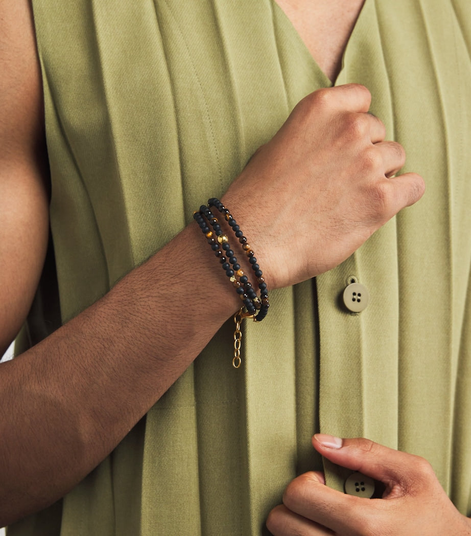 Gold-Plated Stainless Steel, Brown Tiger Eye and Matte Onyx Beaded Bracelet