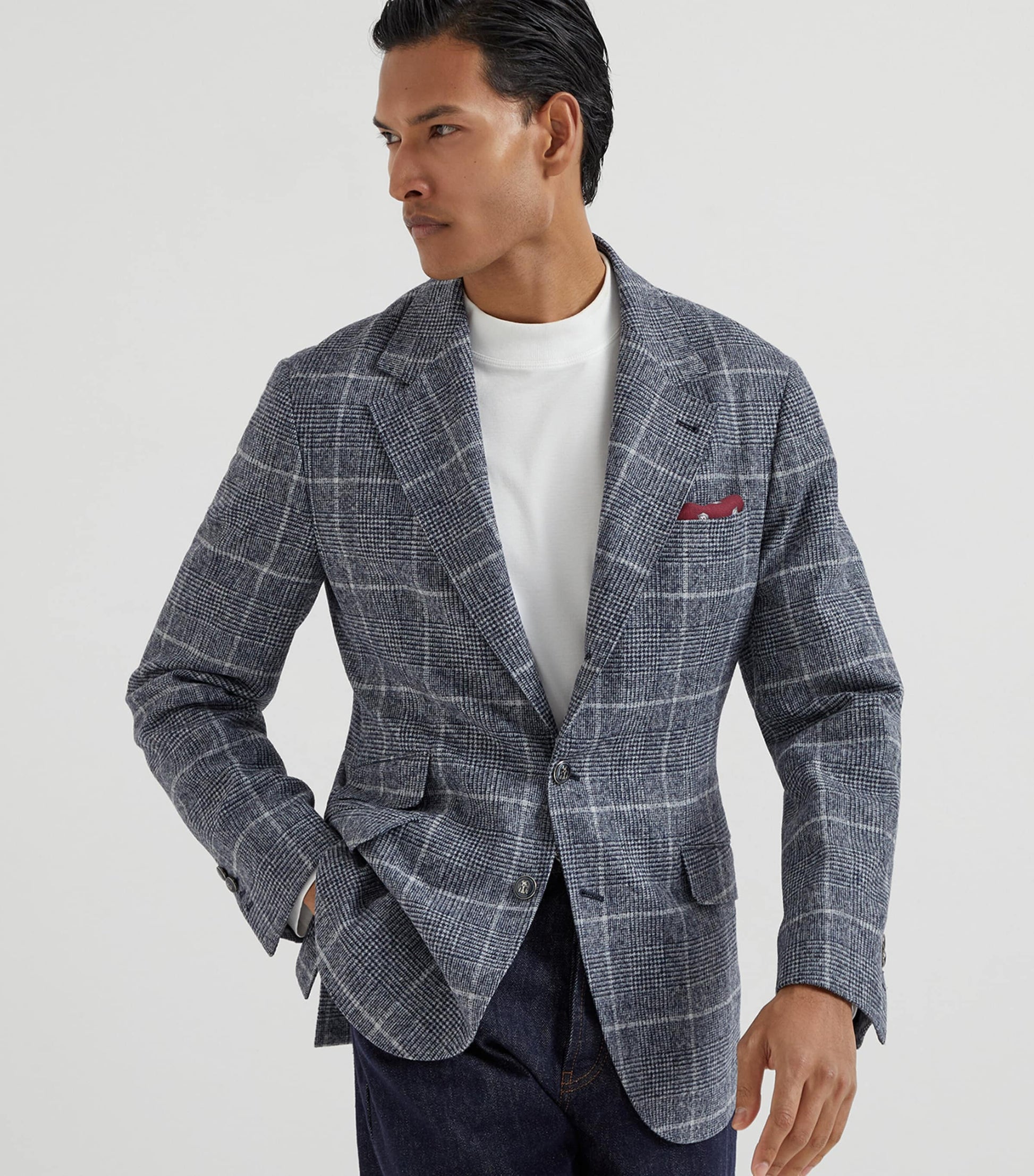 Brunello Cucinelli Blue Alpaca-Wool Check Blazer