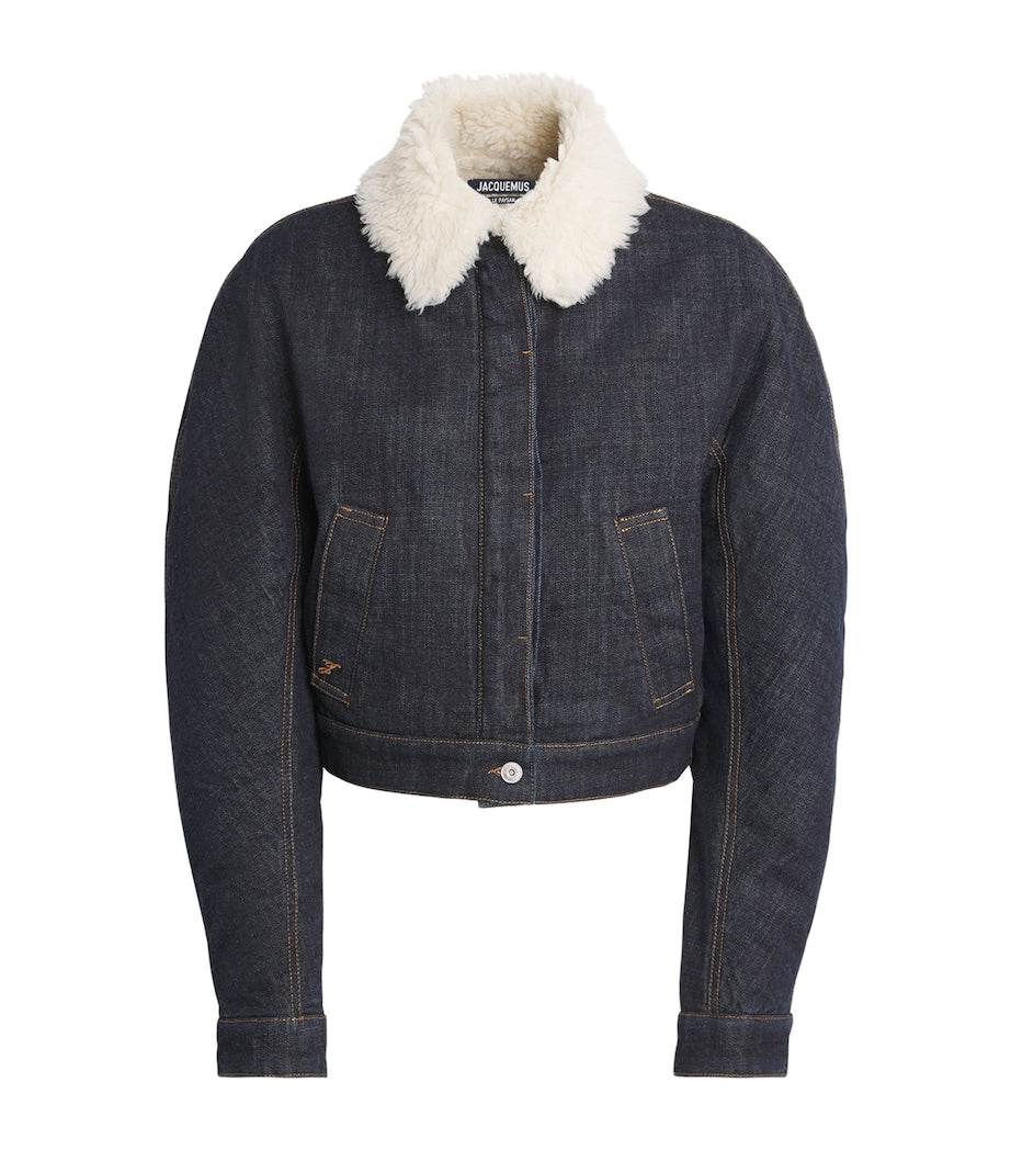 Jacquemus Navy Shearling-Trim Denim Bomber Jacket