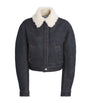 Navy Shearling-Trim Denim Bomber Jacket