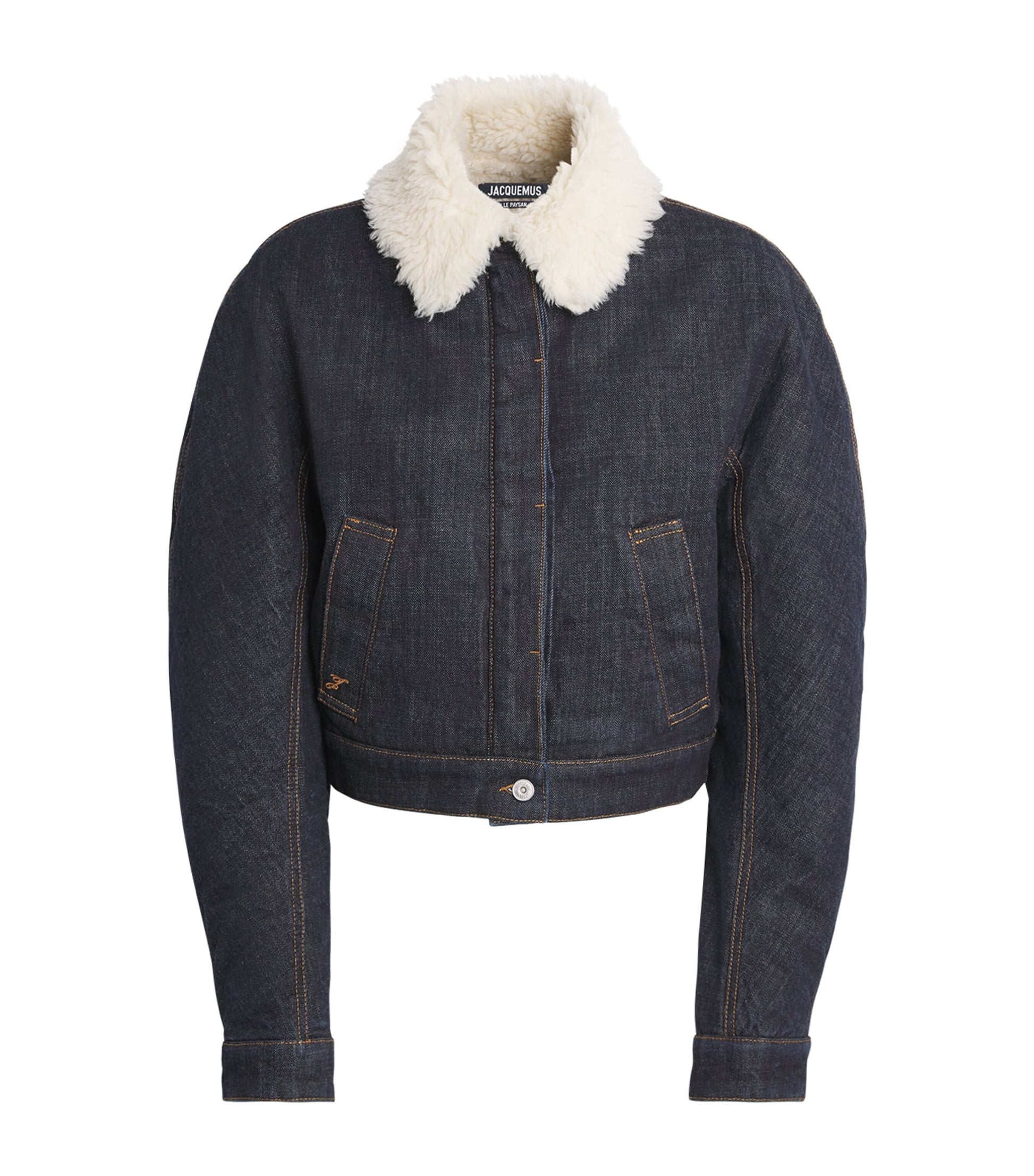 Navy Shearling-Trim Denim Bomber Jacket