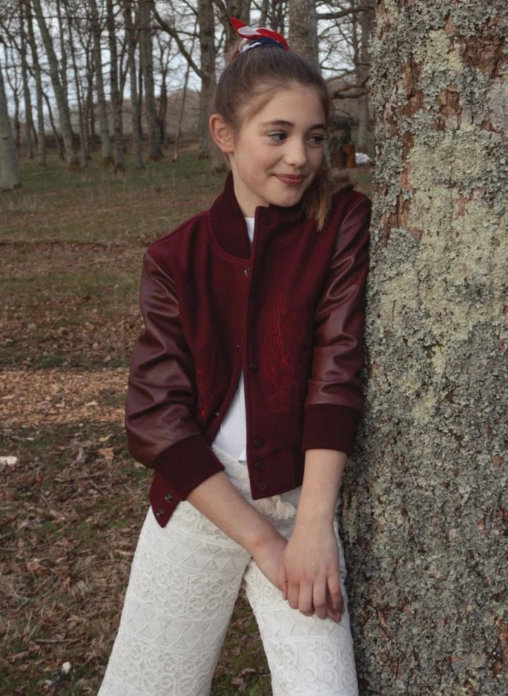 Fille Garçon - Embroidered Wool and Leather Bomber | Burgundy